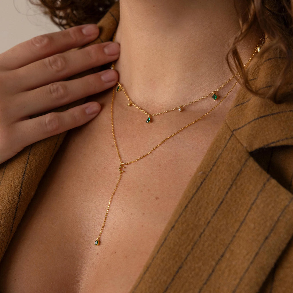 Initial Birthstone Lariat Necklace Silver 18K Gold Plated