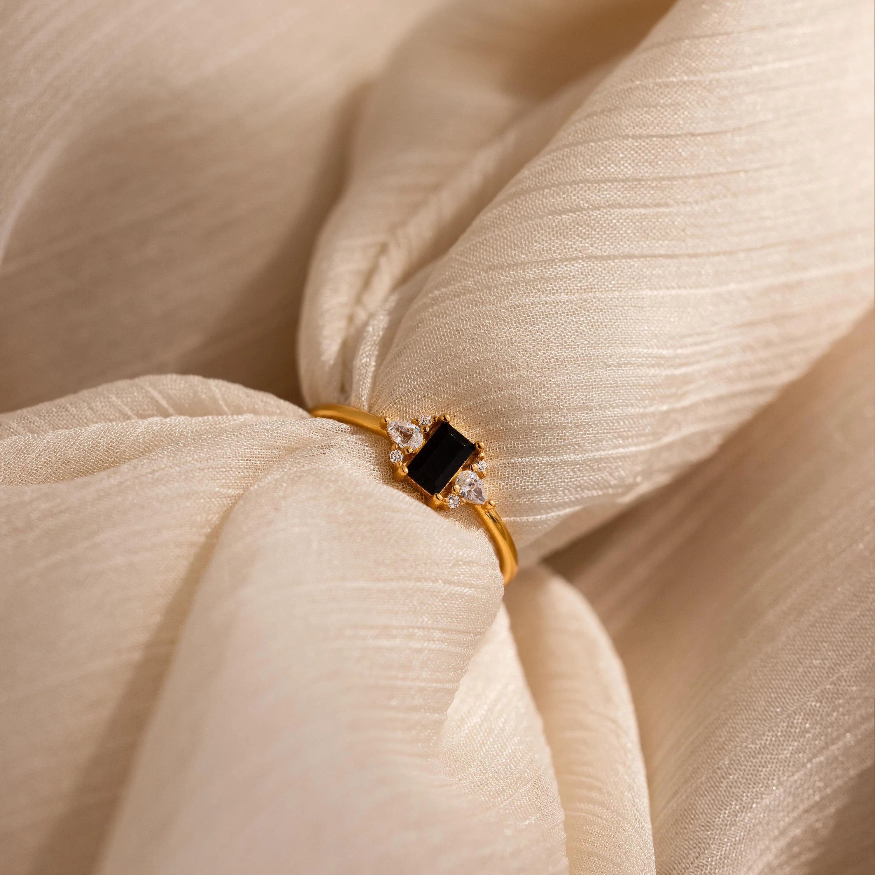 Onyx Baguette Diamond Ring Silver 18K Gold Plated
