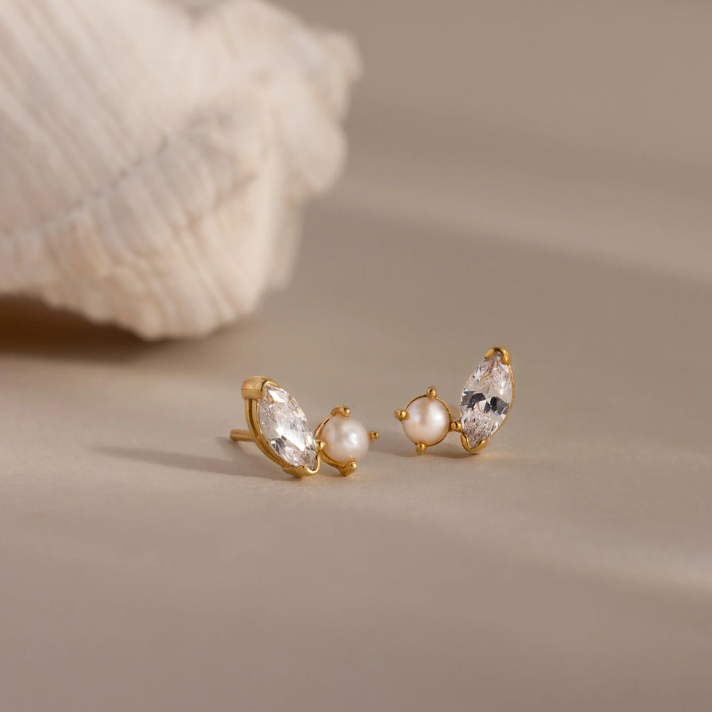 Marquise Diamond & Pearl Studs Silver 18K Gold Plated
