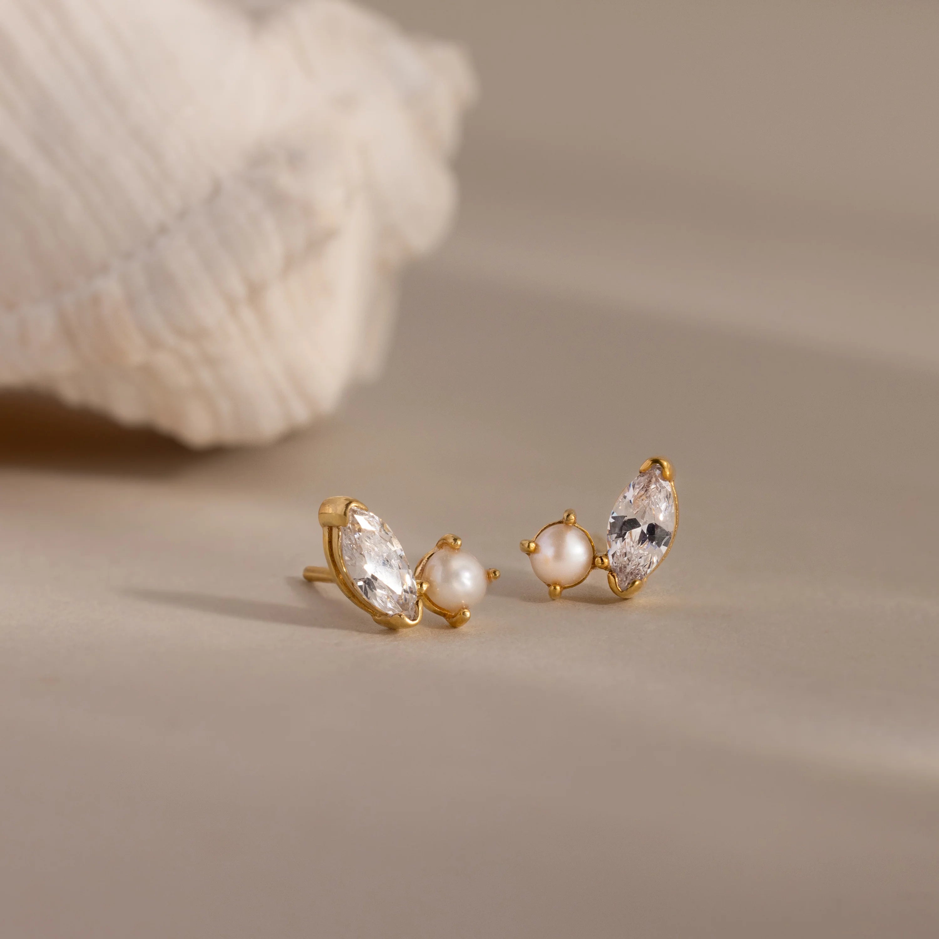 Marquise Diamond & Pearl Studs Silver 18K Gold Plated