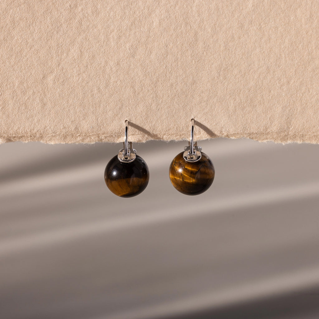 Tiger's Eye Dome Drop Earrings Silver 18K Gold Plated