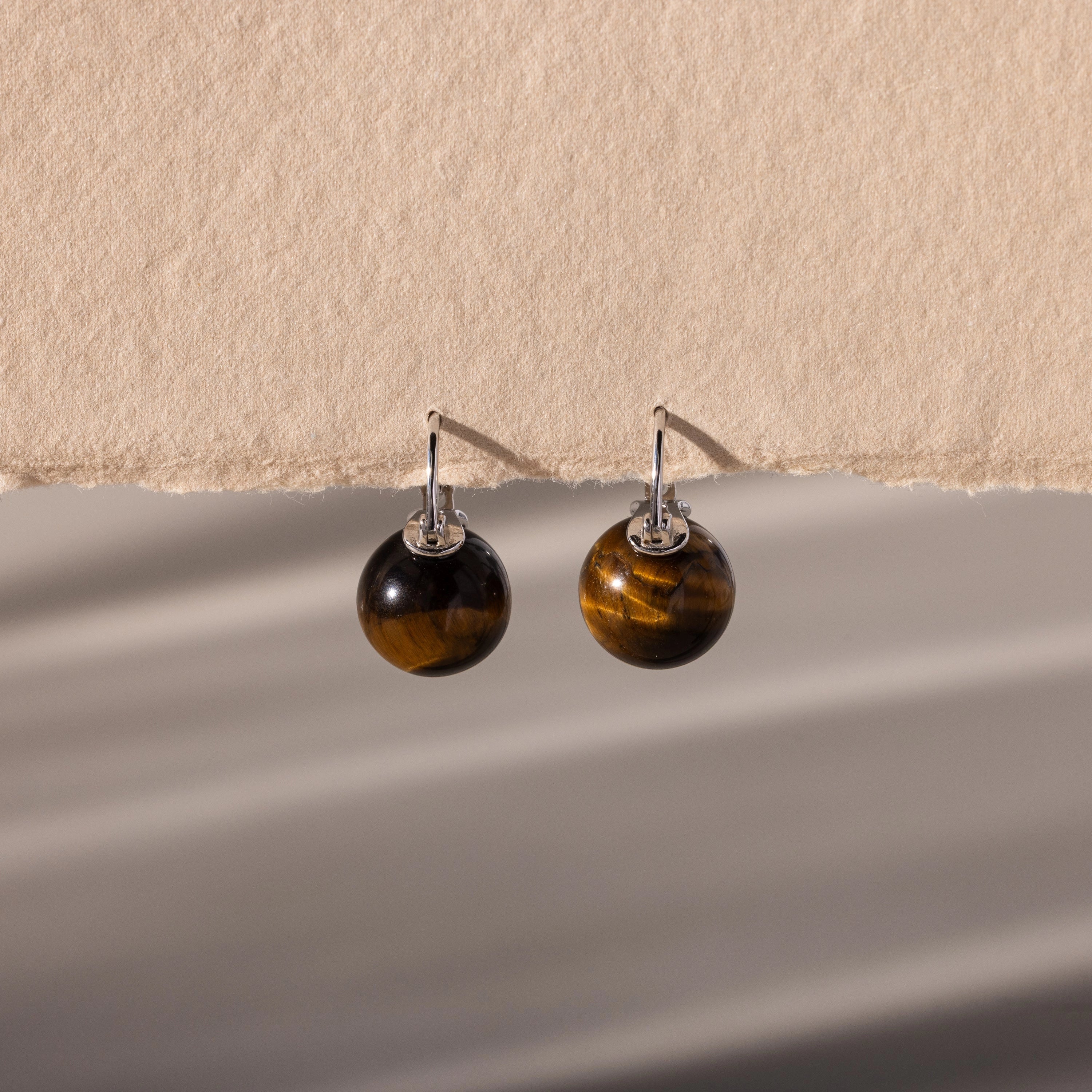 Tiger's Eye Dome Drop Earrings Silver 18K Gold Plated