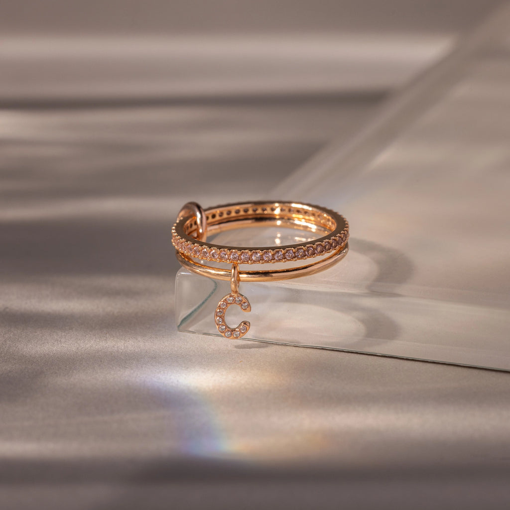 Linked Initial Pink Tourmaline Ring Set Silver 18K Gold Plated