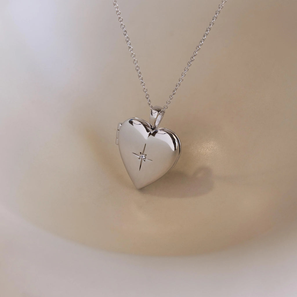 North Star Heart Locket Necklace Silver 18K Gold Plated