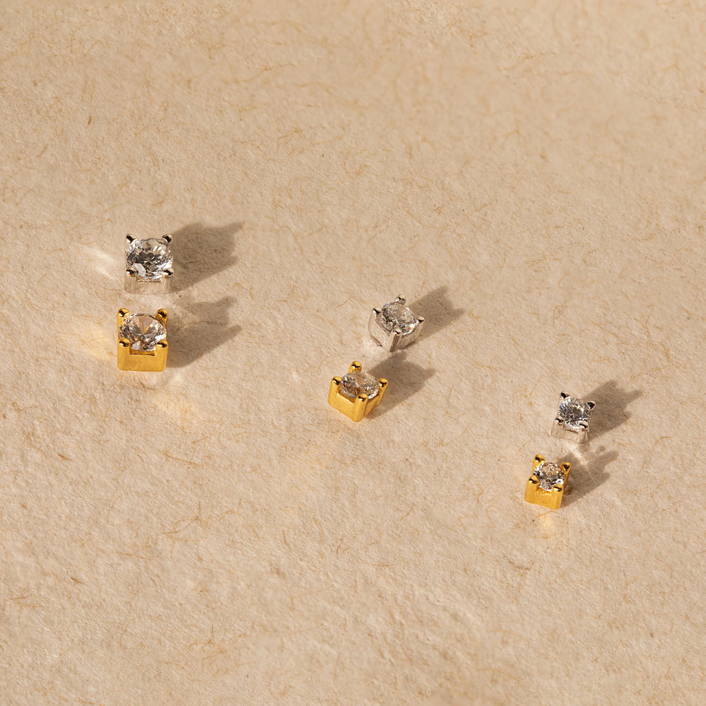 Diamond Flatback Studs Set Silver 18K Gold Plated