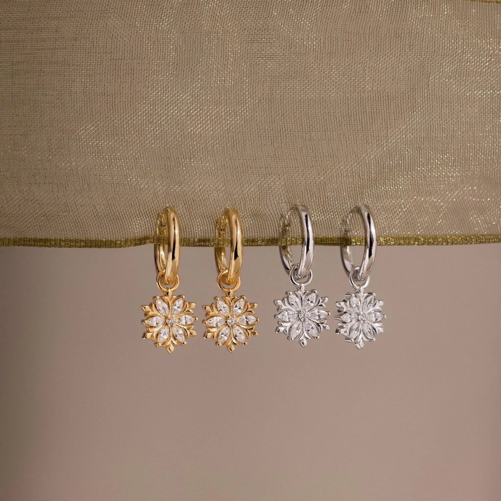 Diamond Poinsettia Charm Hoops Silver 18K Gold Plated
