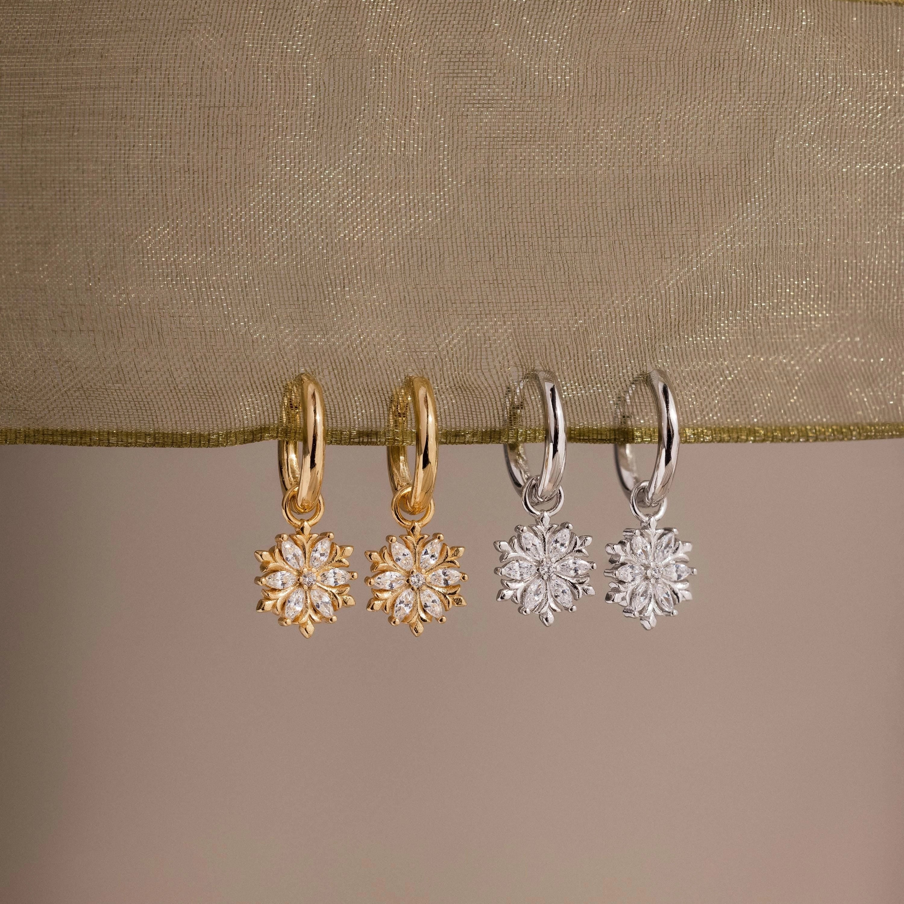Diamond Poinsettia Charm Hoops Silver 18K Gold Plated