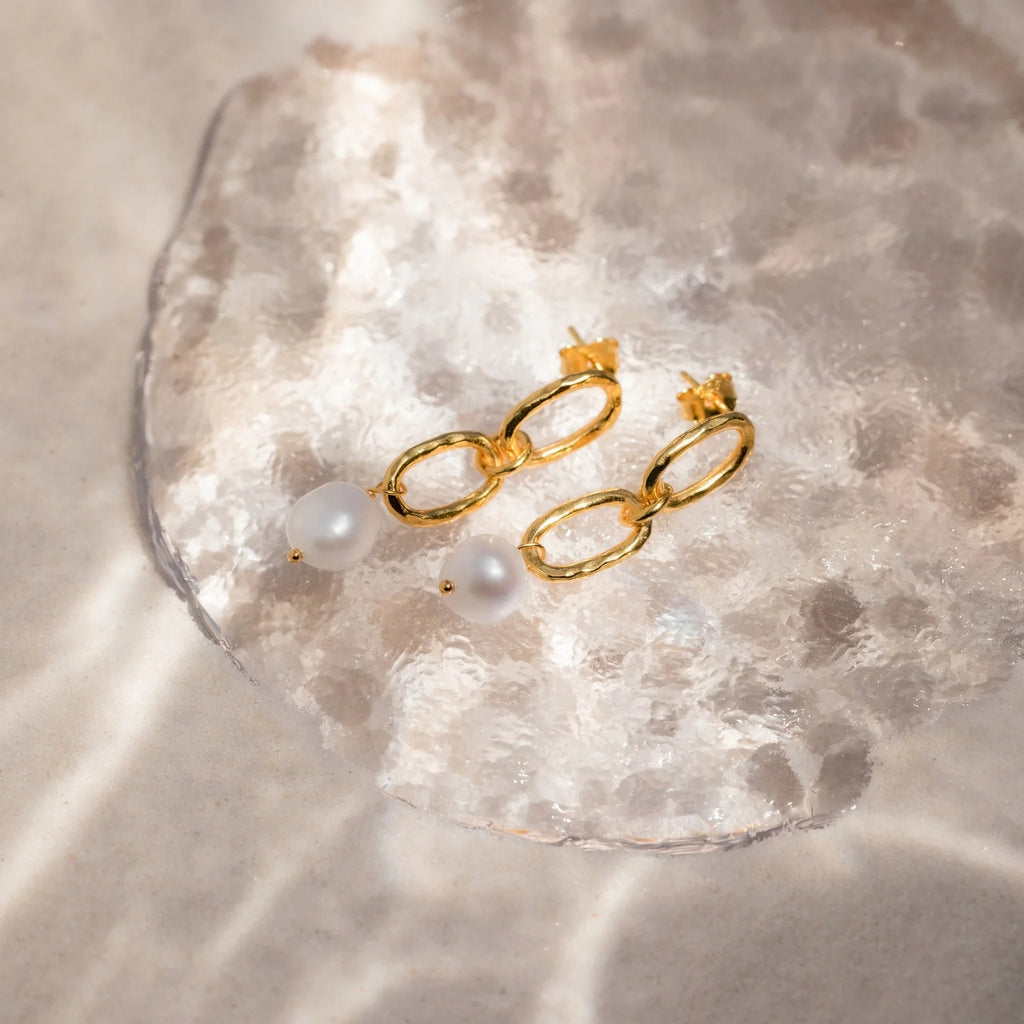 Pearl Drop Link Studs Silver 18K Gold Plated