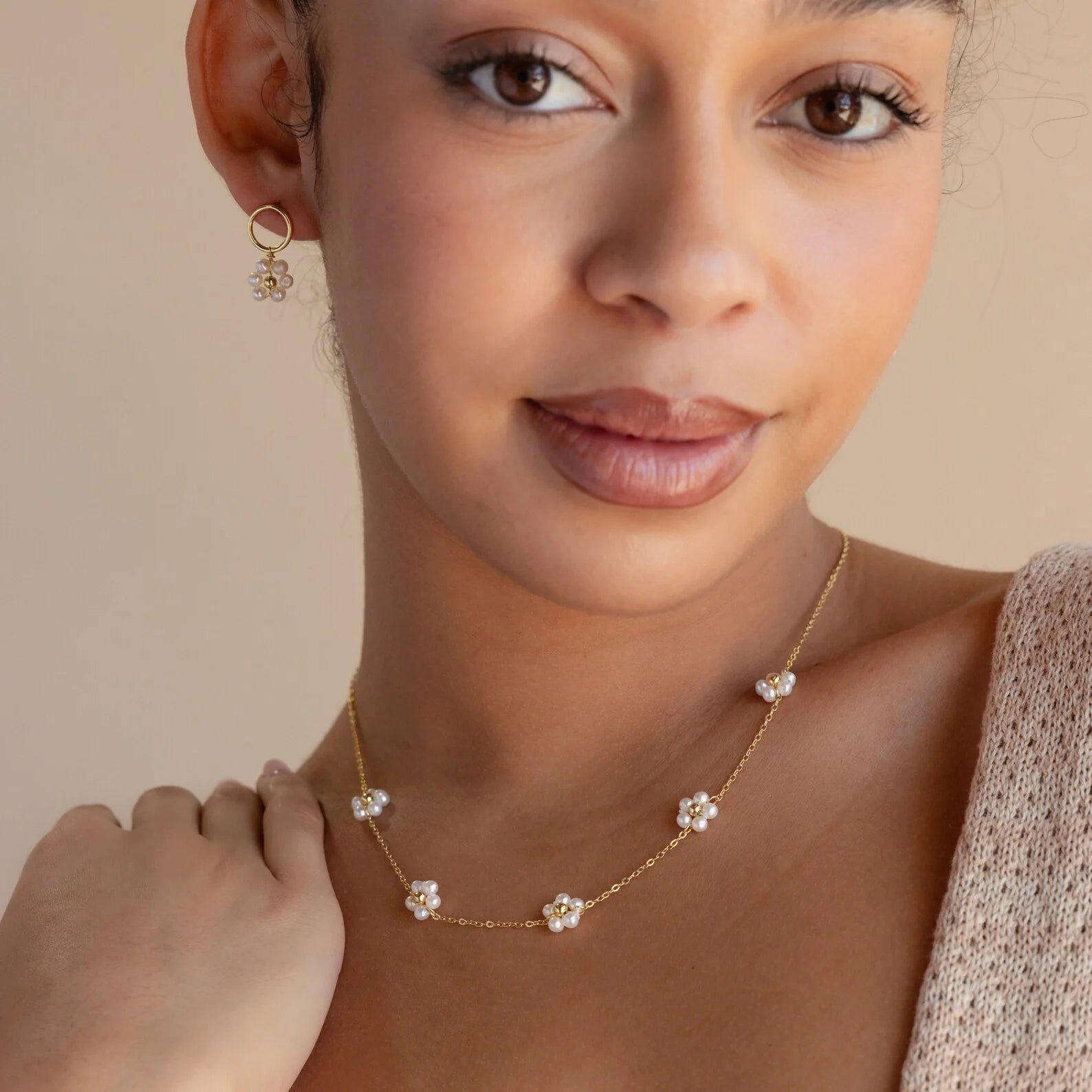 Flower Pearl Station Necklace Silver 18K Gold Plated