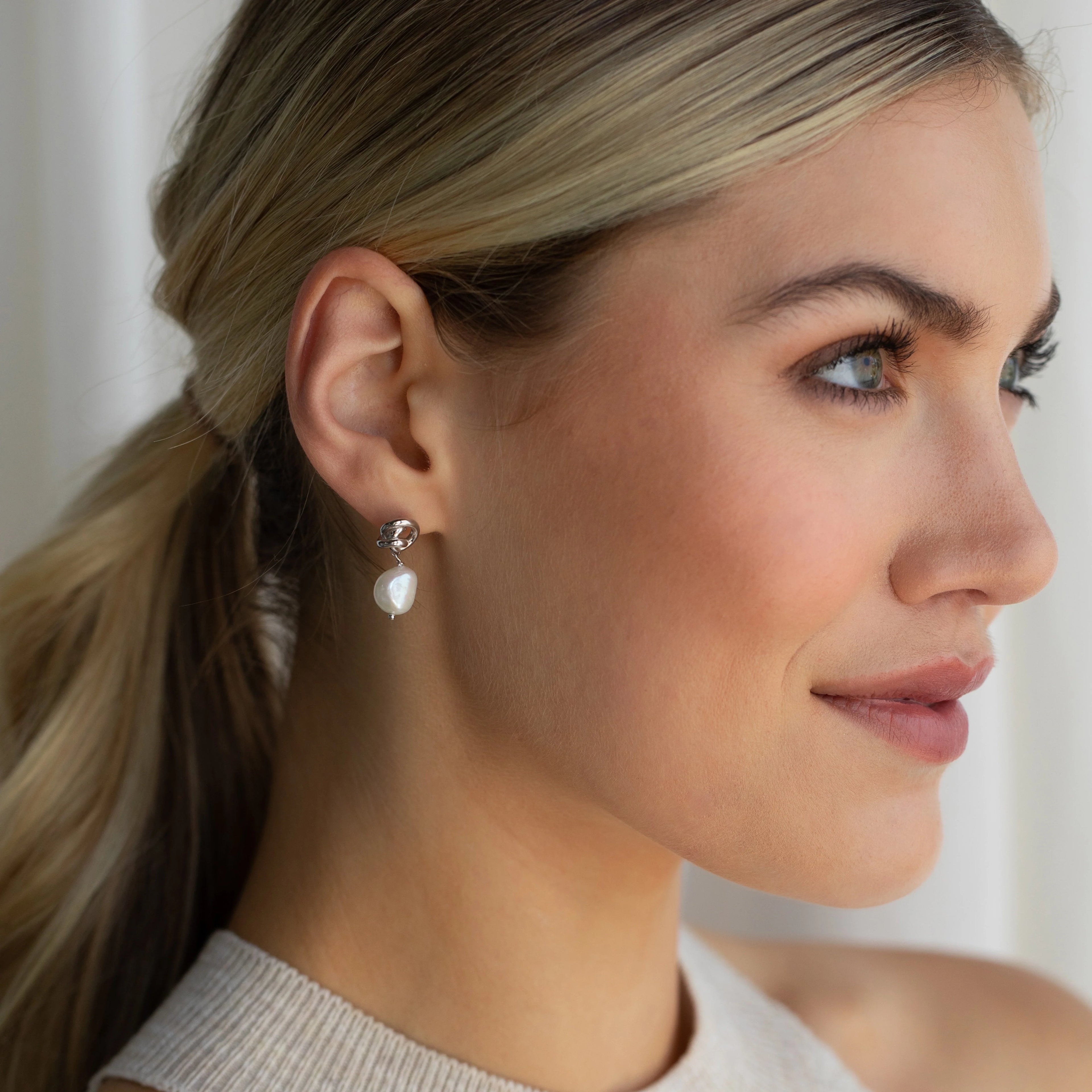 Knot Pearl Drop Earrings Silver 18K Gold Plated