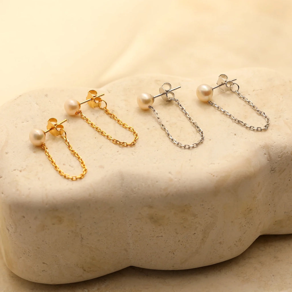 Pearl Chain Studs Silver 18K Gold Plated