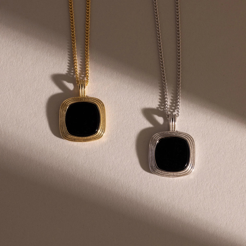 Square Onyx Necklace Silver 18K Gold Plated