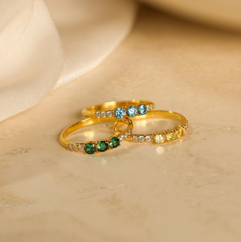 Pave Triple Birthstone Ring Silver 18K Gold Plated
