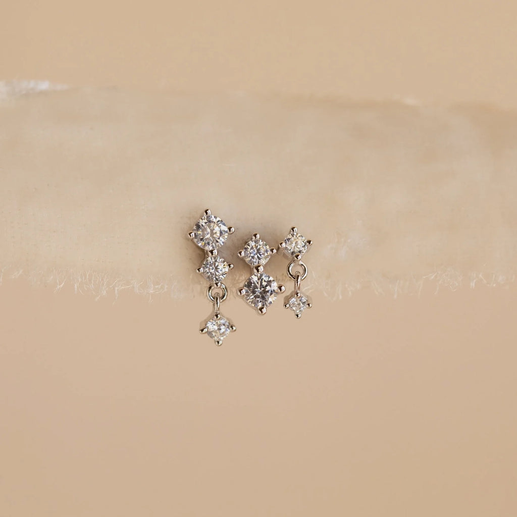 Triple Diamond Studs Set Silver 18K Gold Plated
