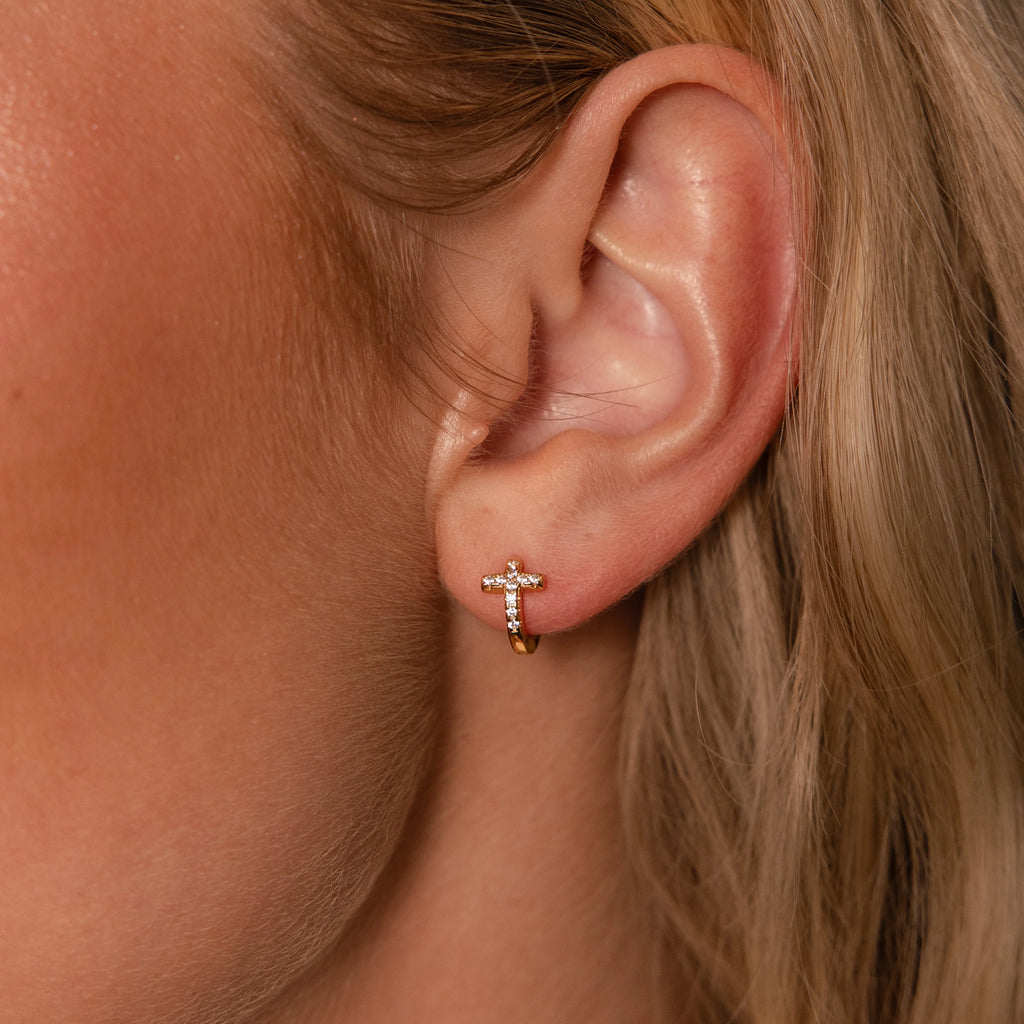 Diamond Cross Huggies Silver 18K Gold Plated