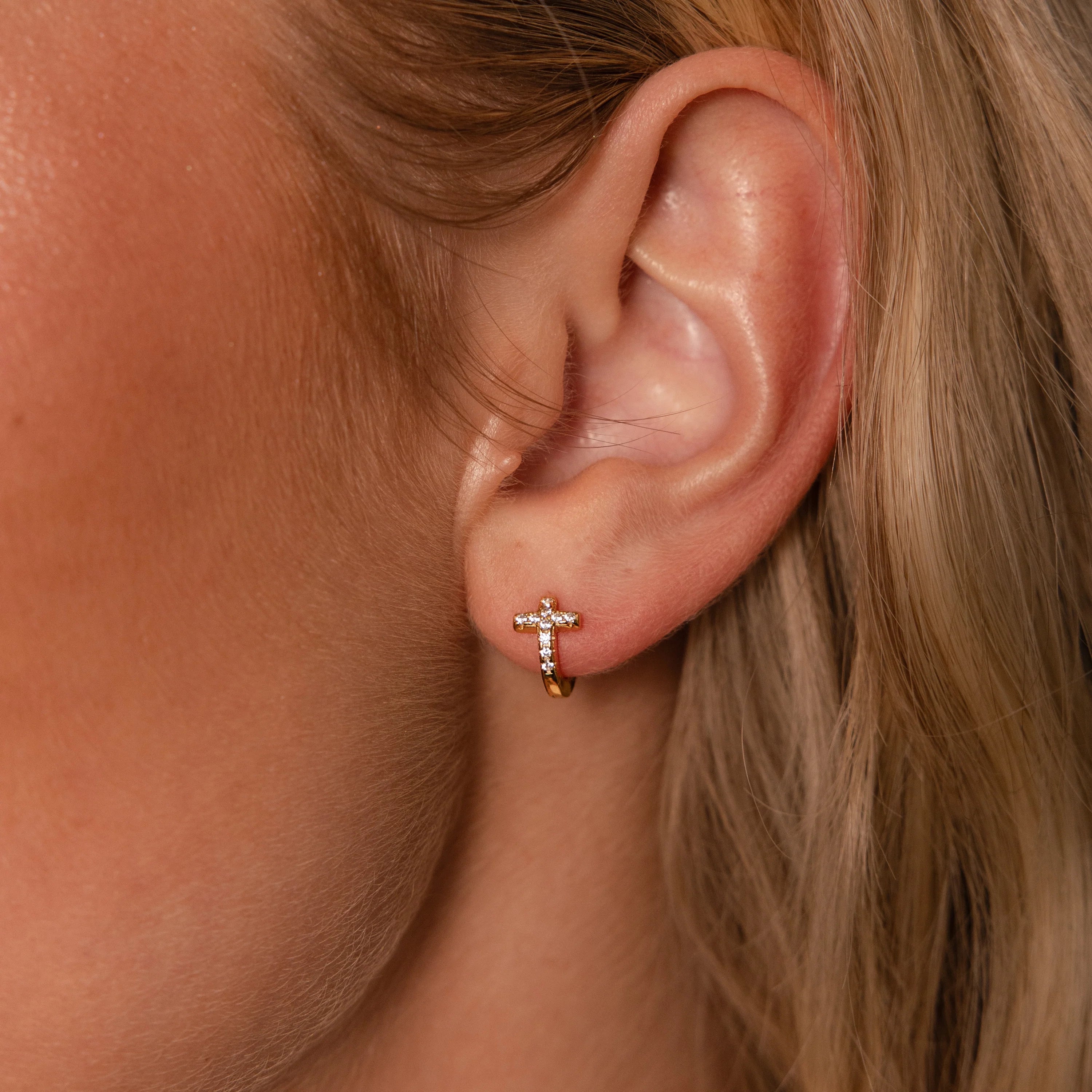Diamond Cross Huggies Silver 18K Gold Plated