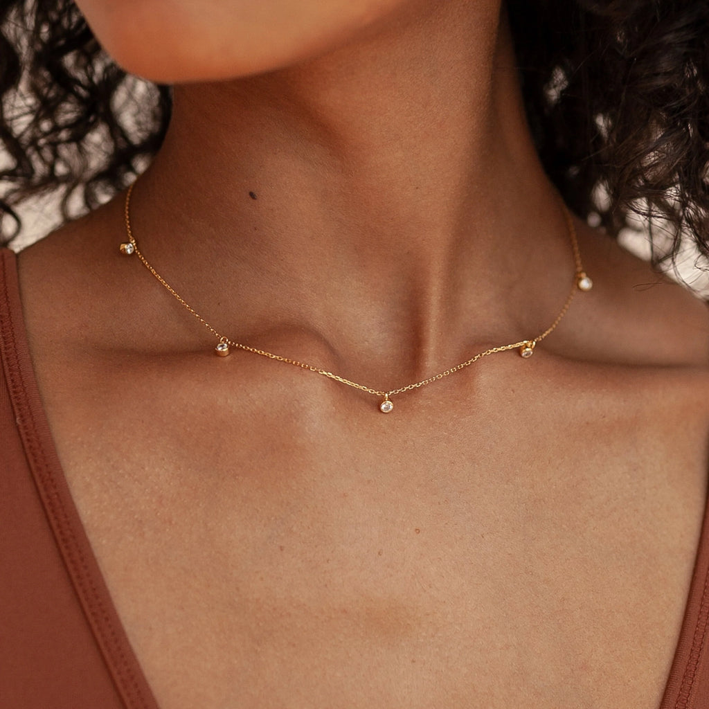 Diamond Station Necklace Silver 18K Gold Plated