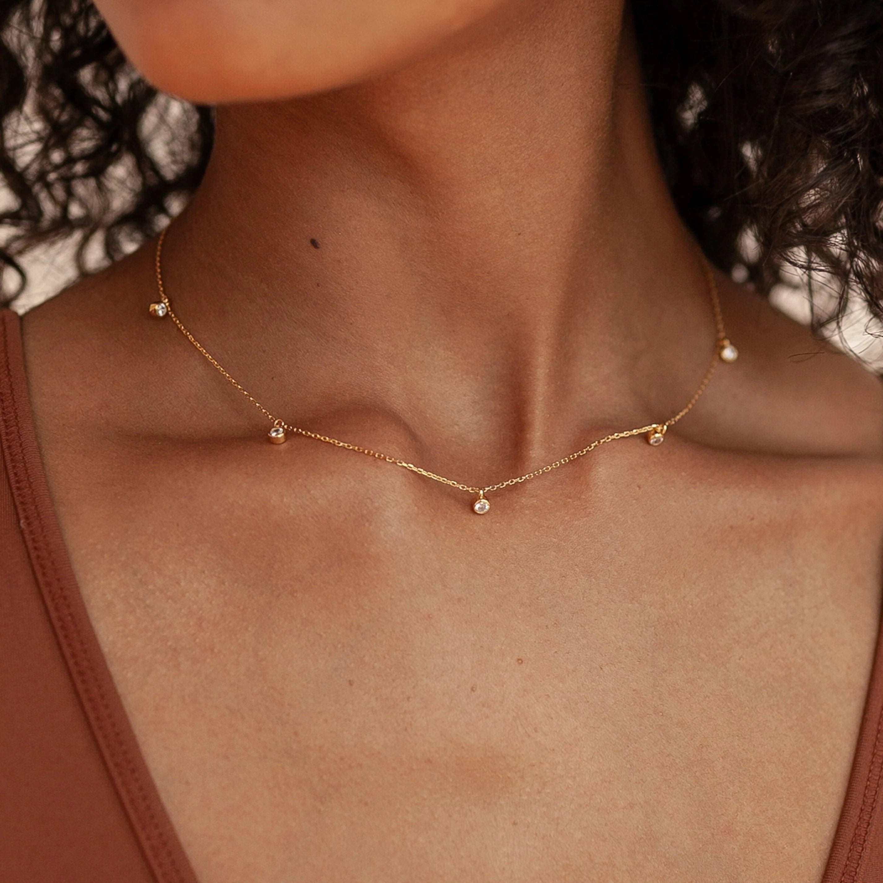 Diamond Station Necklace Silver 18K Gold Plated