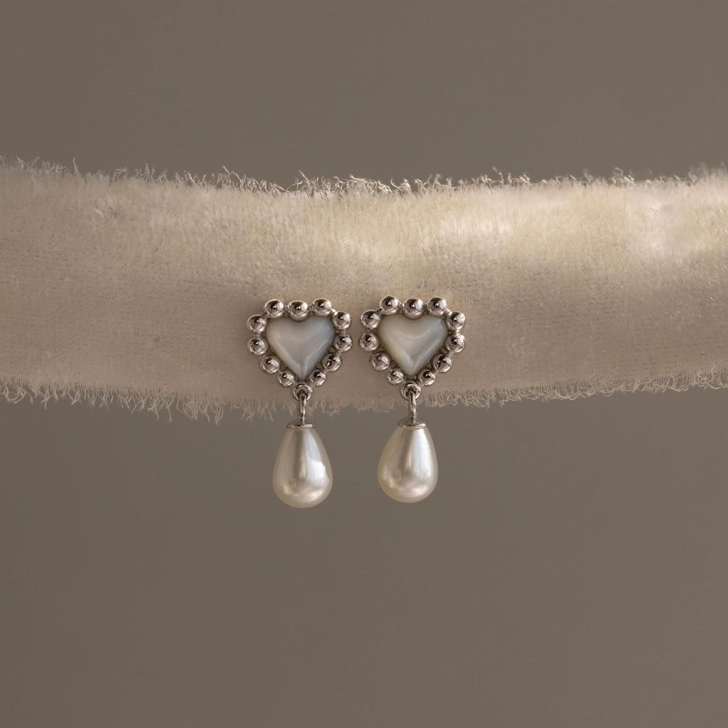 Pearl Heart Beaded Drop Studs Silver 18K Gold Plated