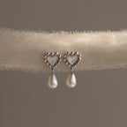 Pearl Heart Beaded Drop Studs Silver 18K Gold Plated