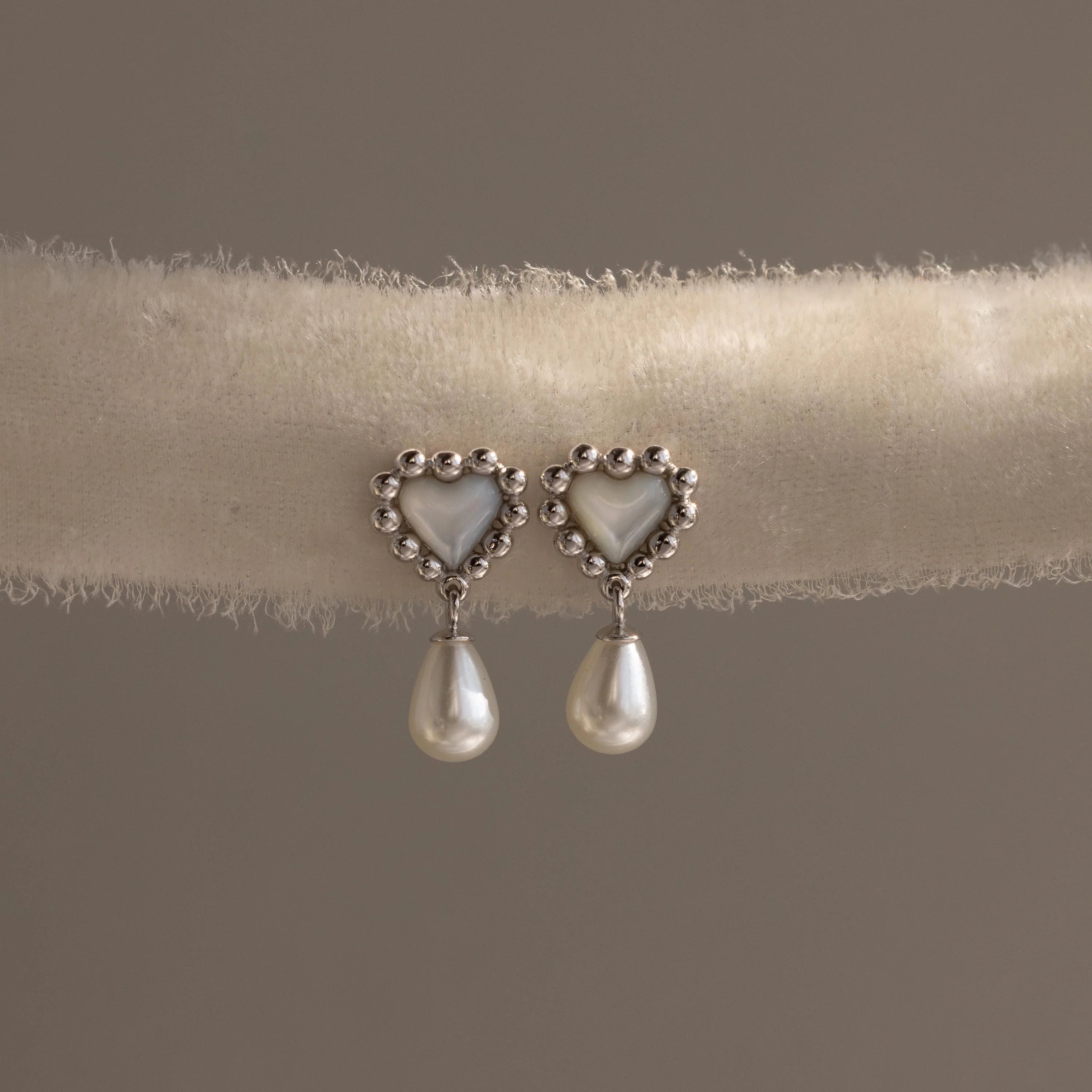 Pearl Heart Beaded Drop Studs Silver 18K Gold Plated