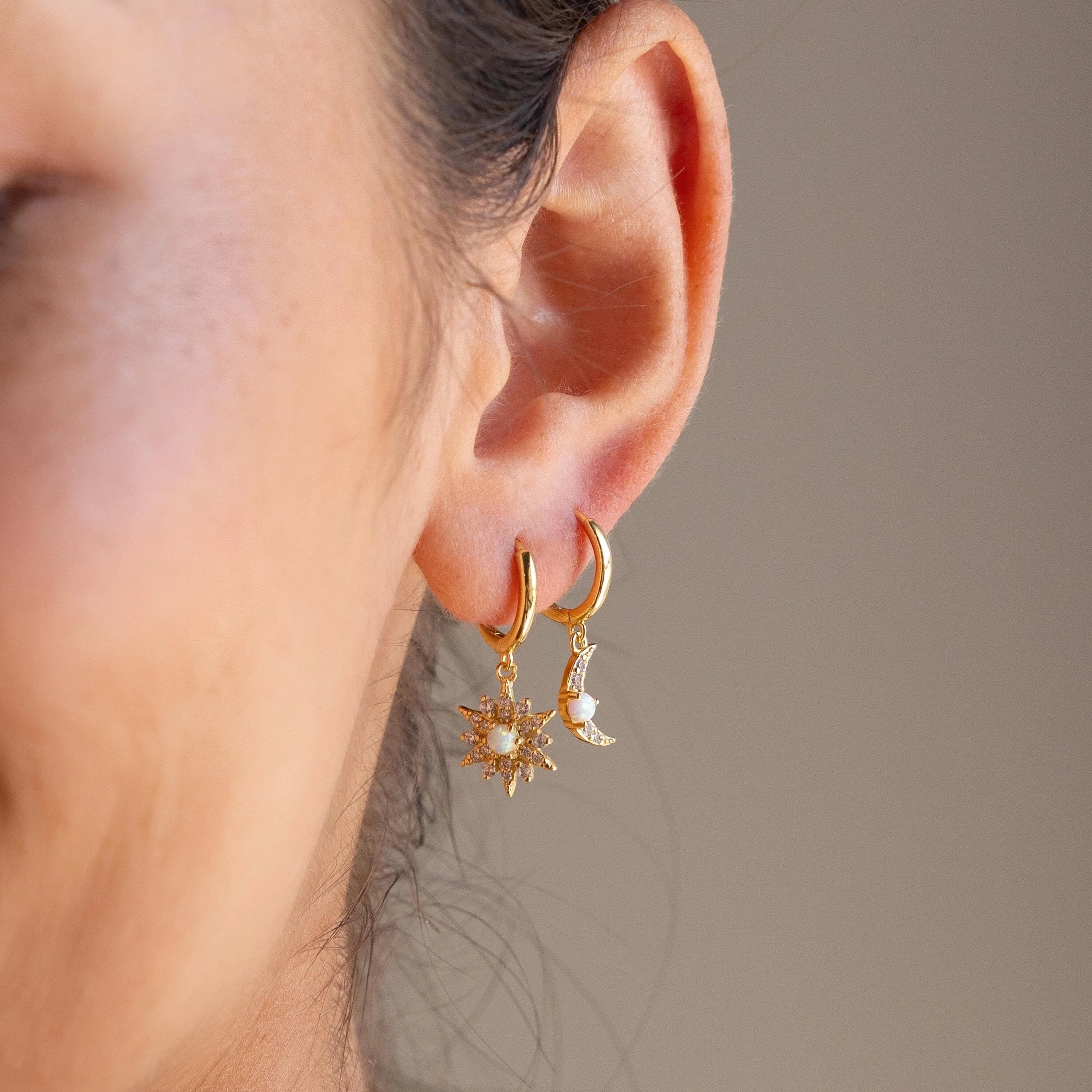 Opal Sun & Moon Huggies Silver 18K Gold Plated
