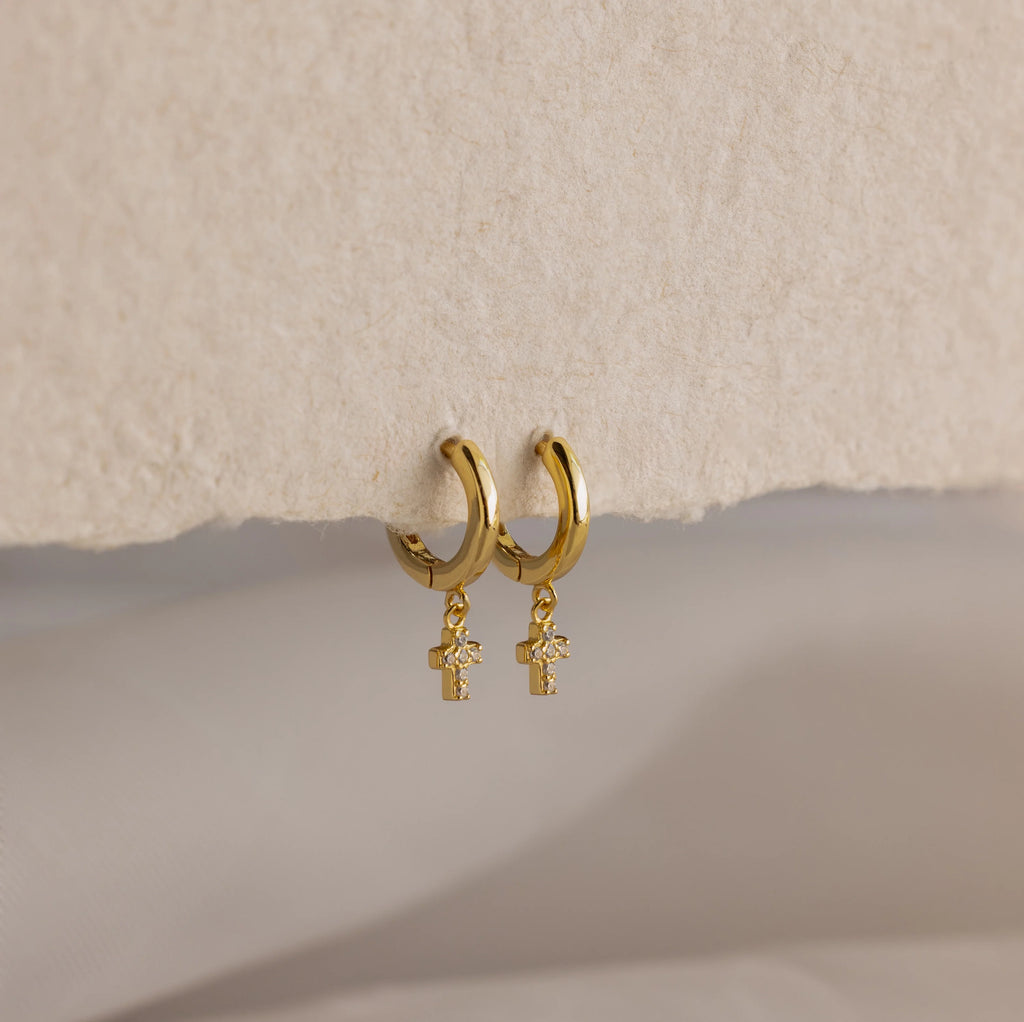 Pave Cross Huggies Silver 18K Gold Plated