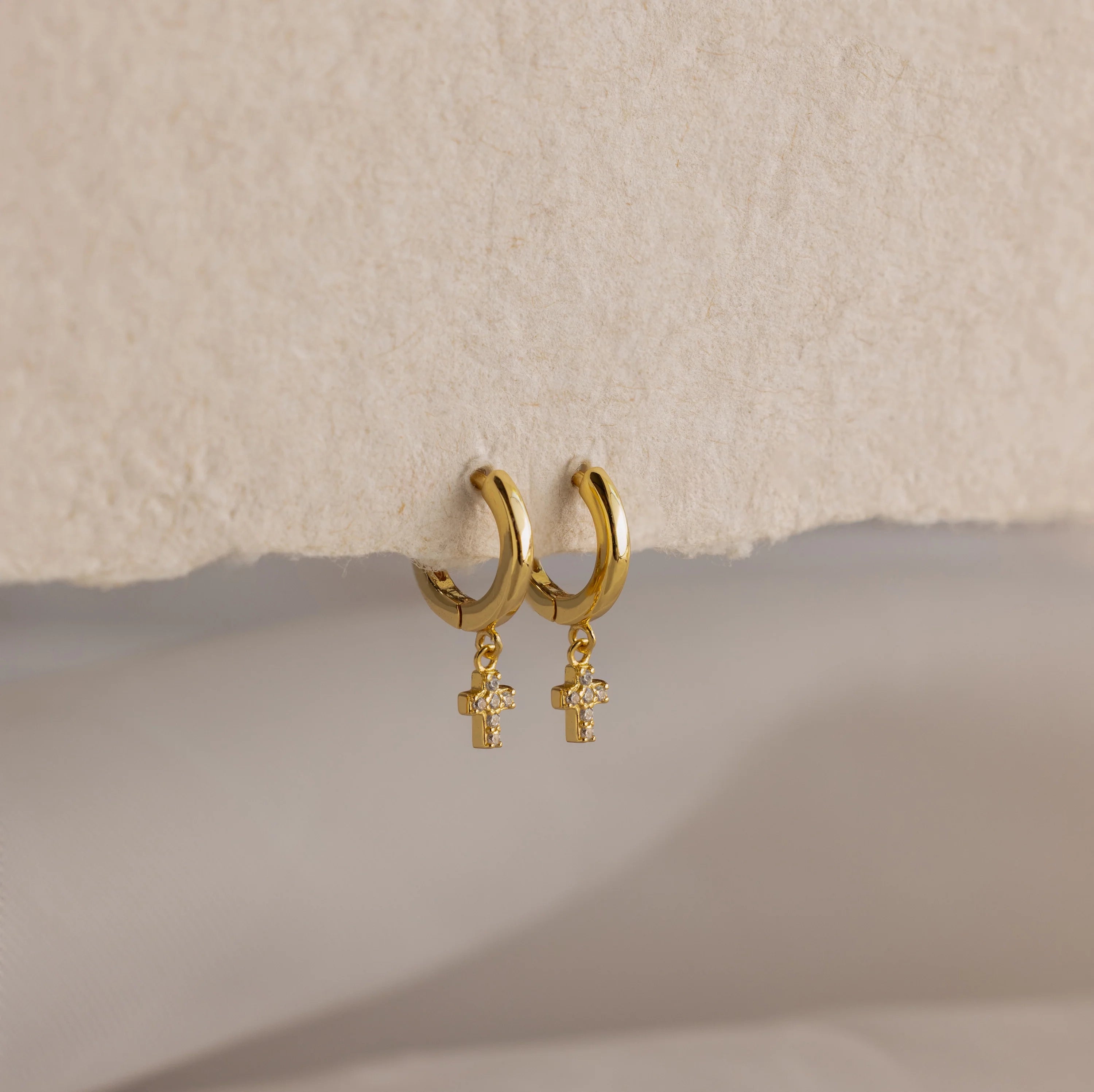 Pave Cross Huggies Silver 18K Gold Plated