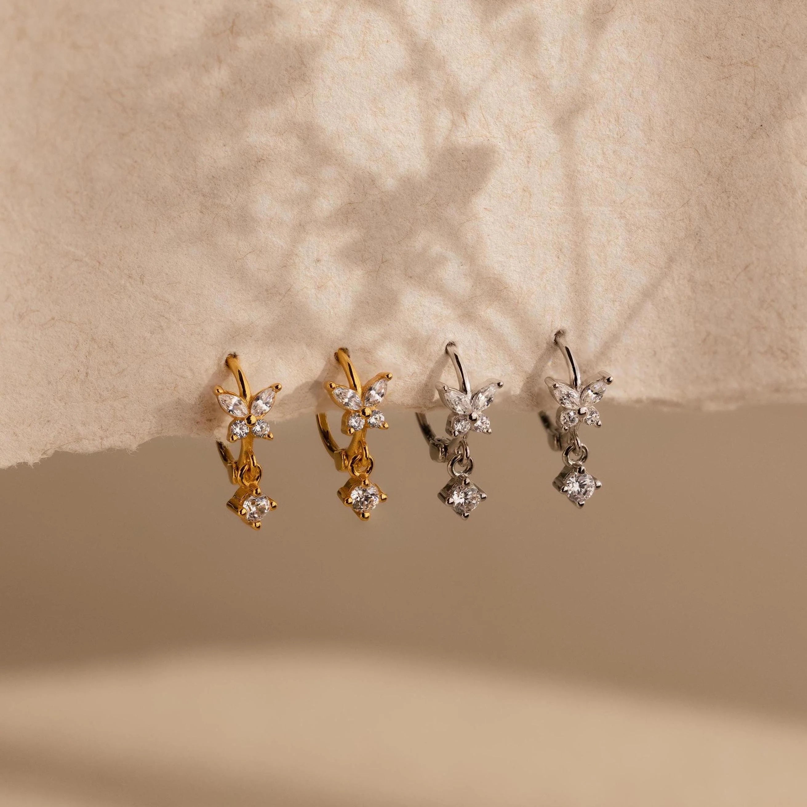 Diamond Butterfly Drop Huggies Silver 18K Gold Plated