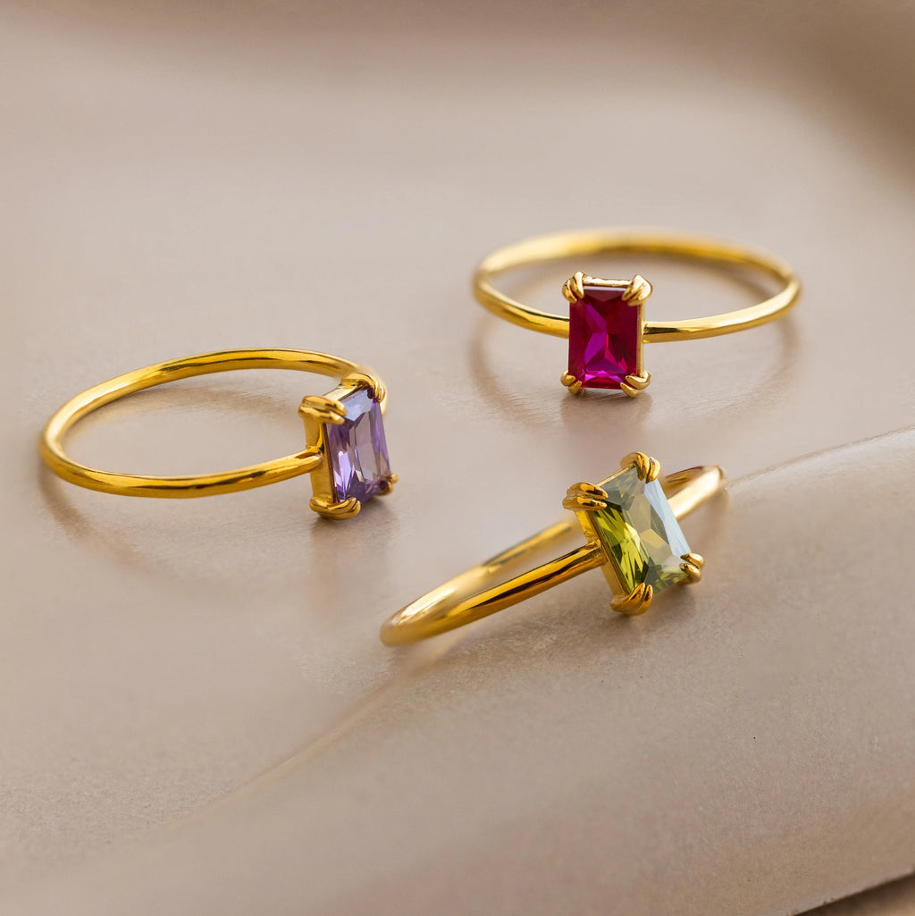 Emerald Cut Birthstone Ring Silver 18K Gold Plated