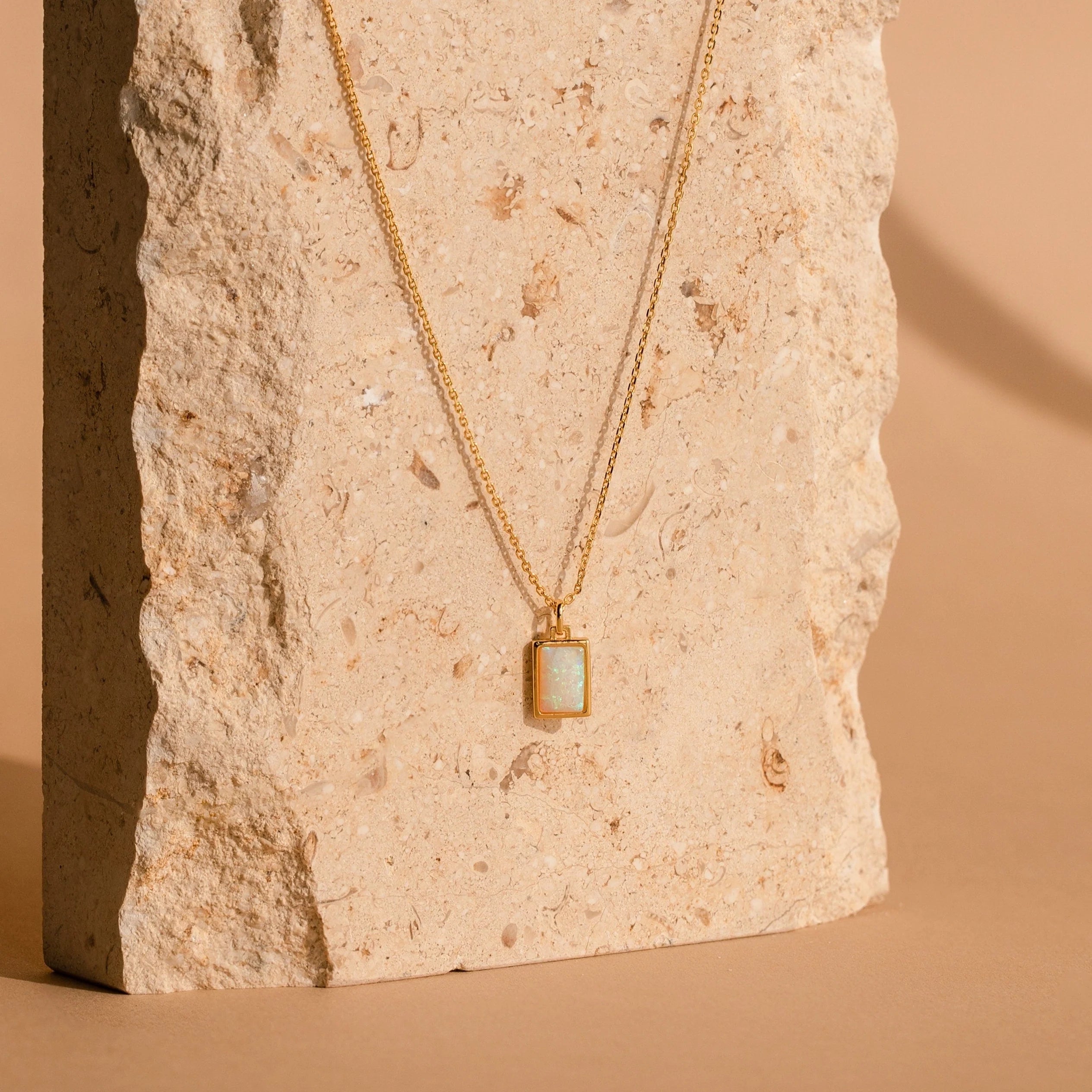 White Opal Rectangle Necklace Silver 18K Gold Plated