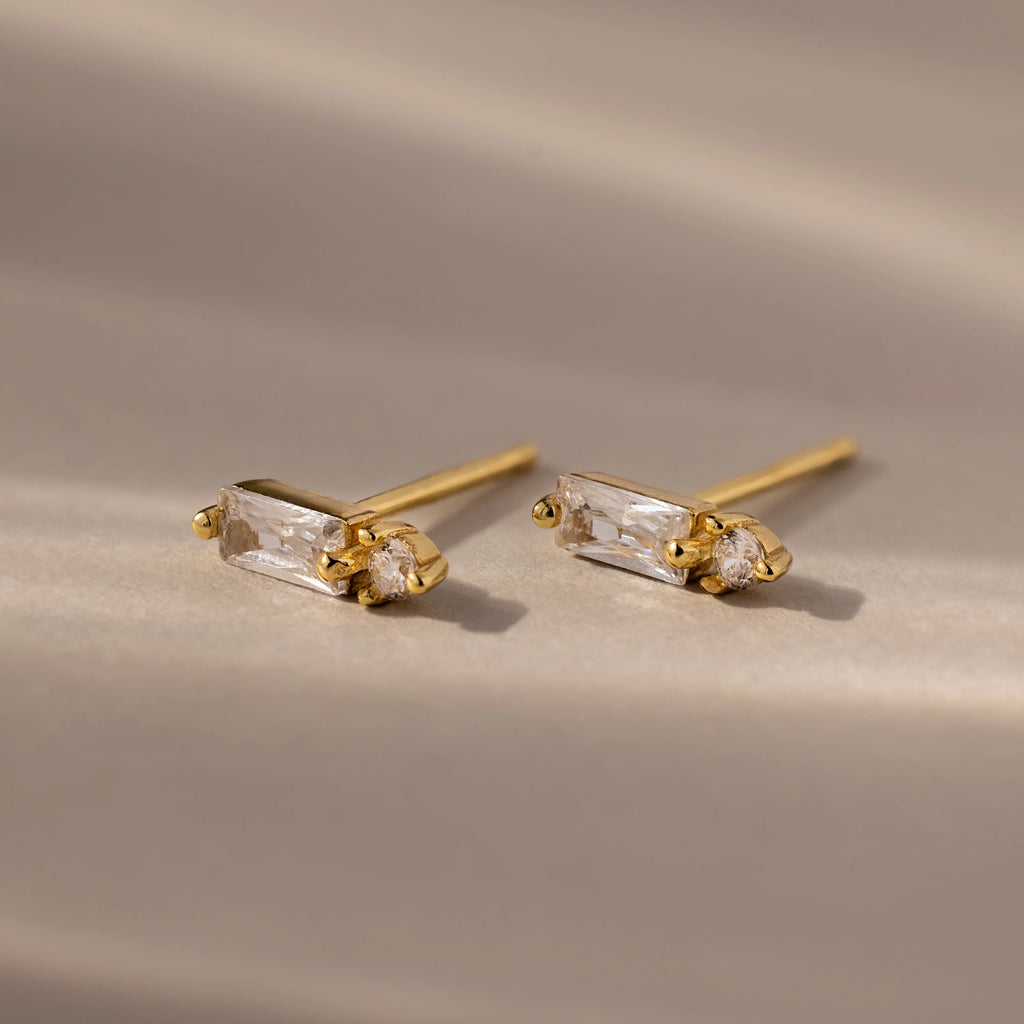 Diamond Baguette Drop Studs Silver 18K Gold Plated