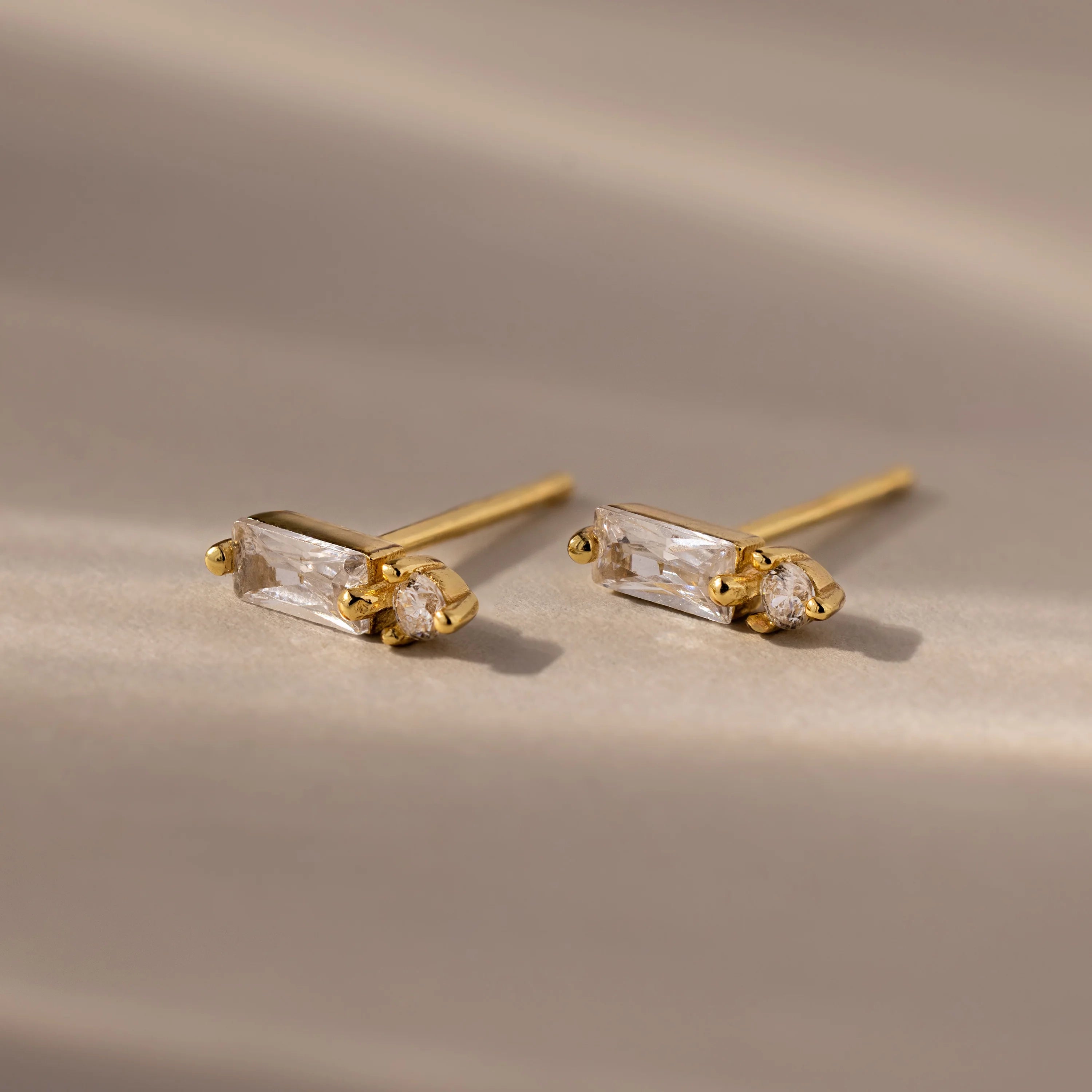 Diamond Baguette Drop Studs Silver 18K Gold Plated