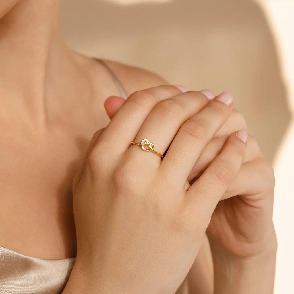 Pave Heart Knot Ring Silver 18K Gold Plated