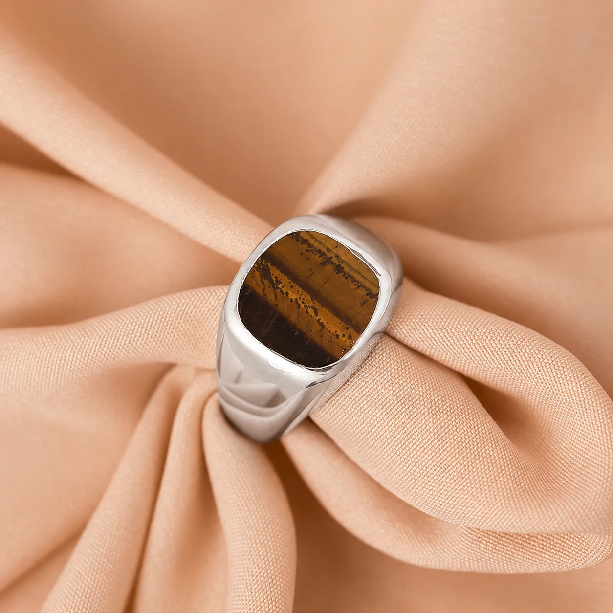 Men's Tigers Eye Signet Ring: Sterling Silver or 18K Gold with Faux Tiger's Eye Stone