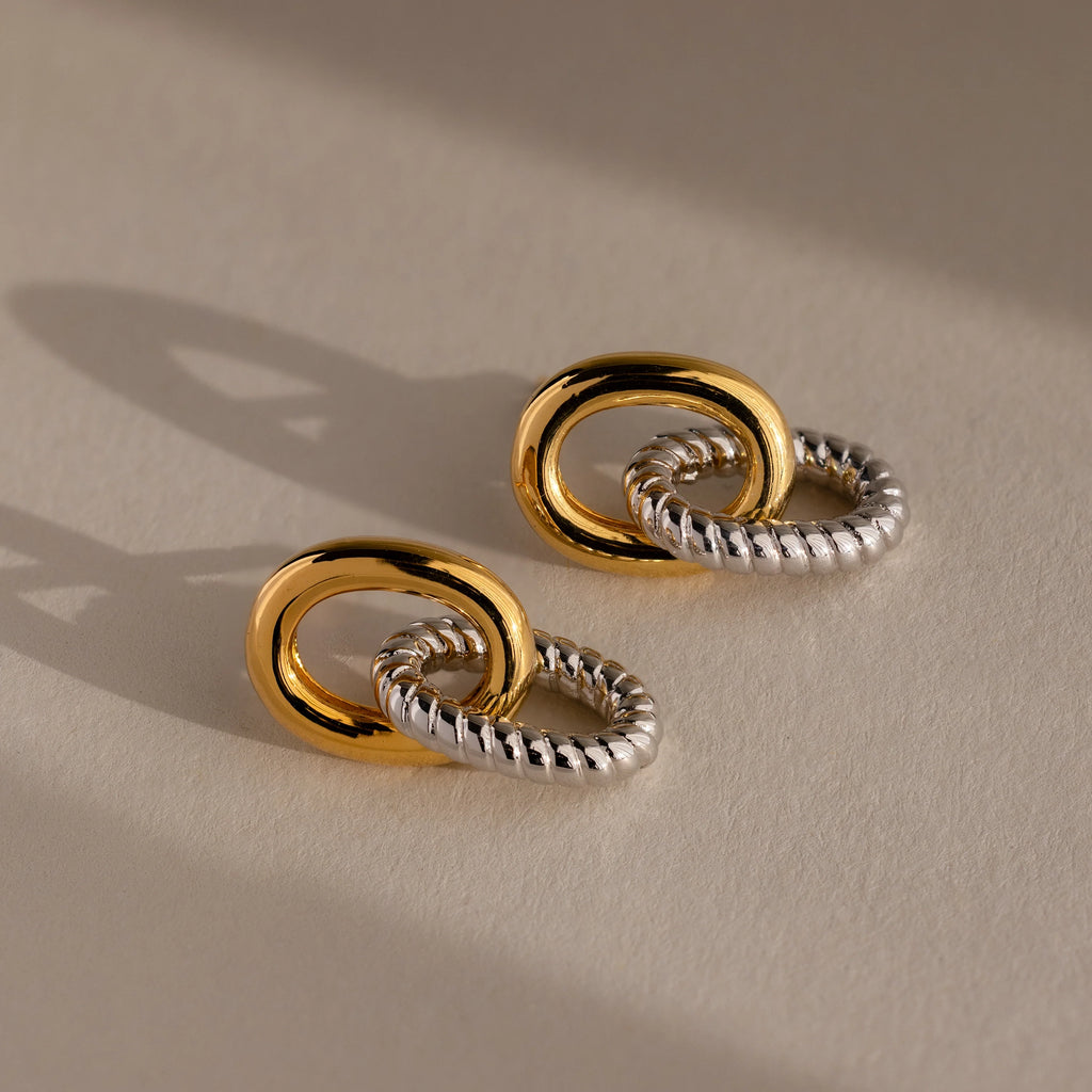 Mixed Metal Twisted Link Earrings Silver 18K Gold Plated