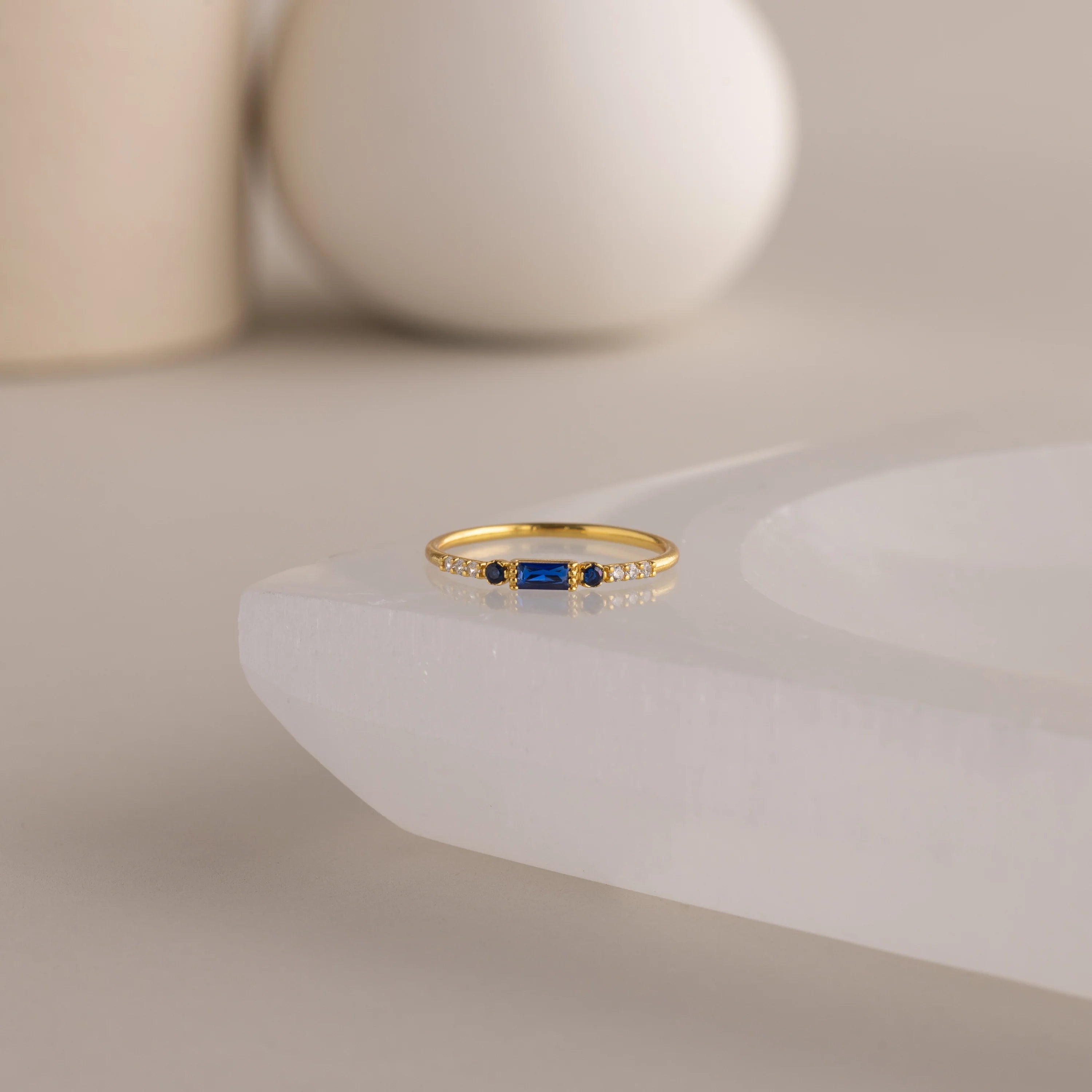Diamond Baguette Sapphire Ring Silver 18K Gold Plated
