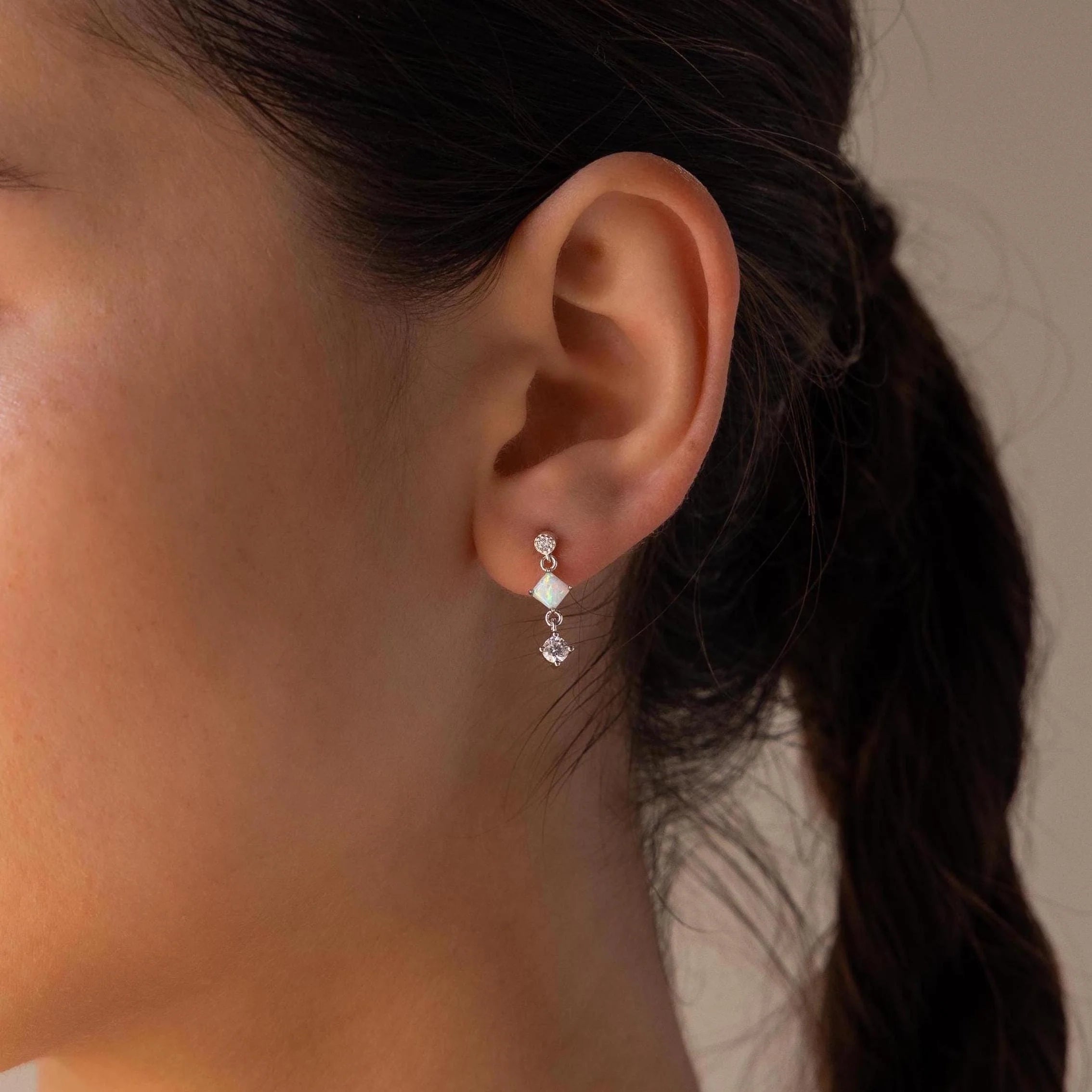 Opal & Diamond Drop Studs Silver 18K Gold Plated