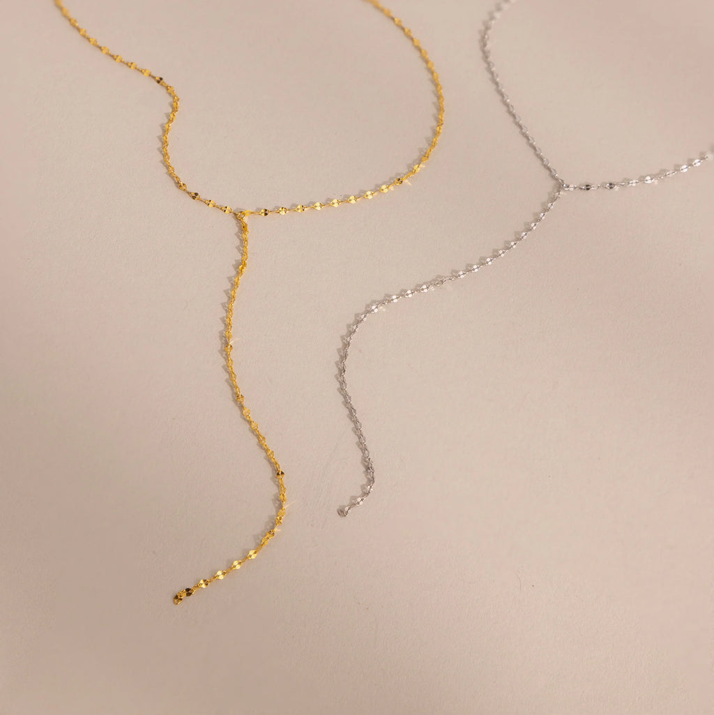 Mirror Chain Lariat Necklace Silver 18K Gold Plated