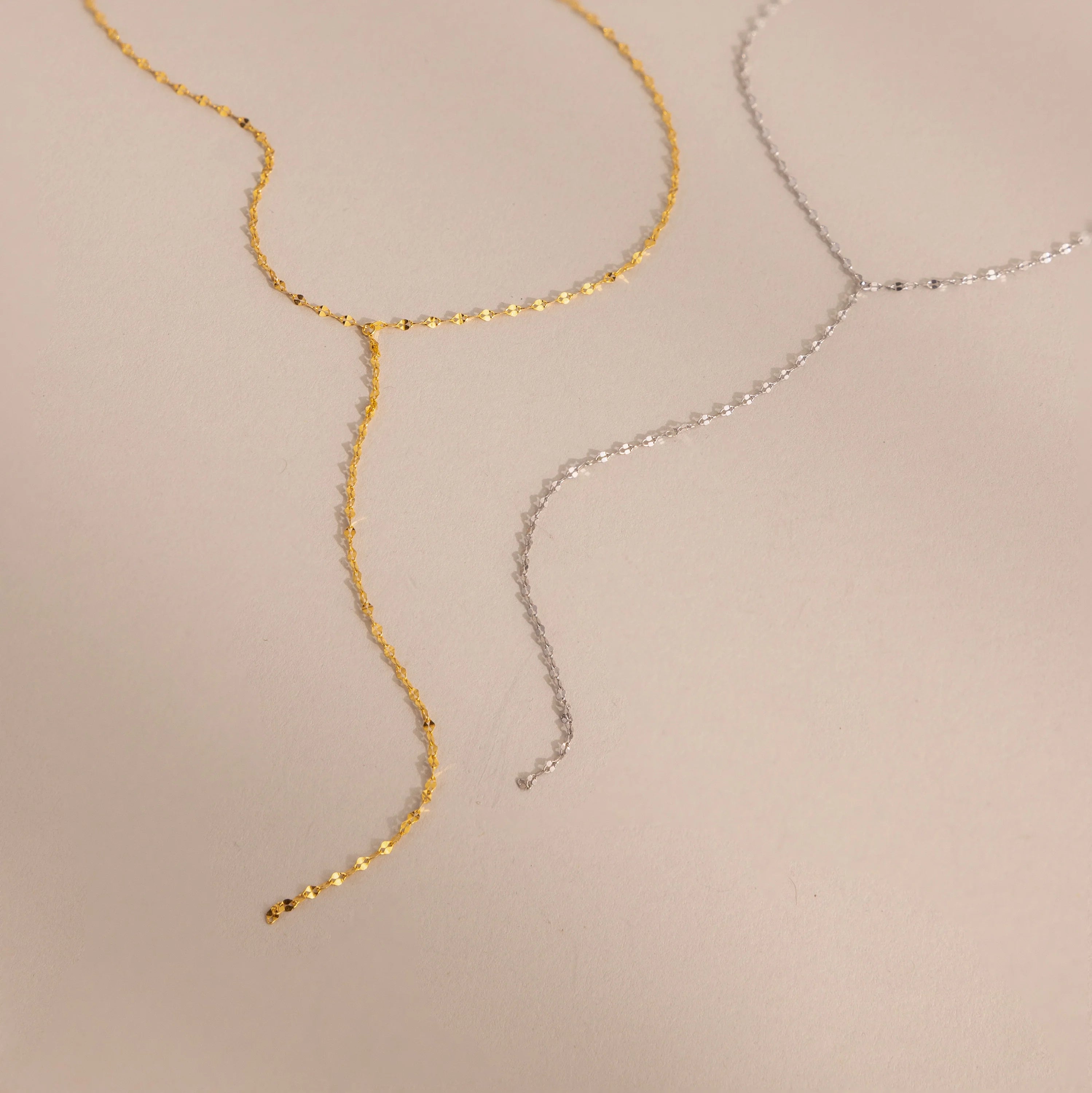 Mirror Chain Lariat Necklace Silver 18K Gold Plated