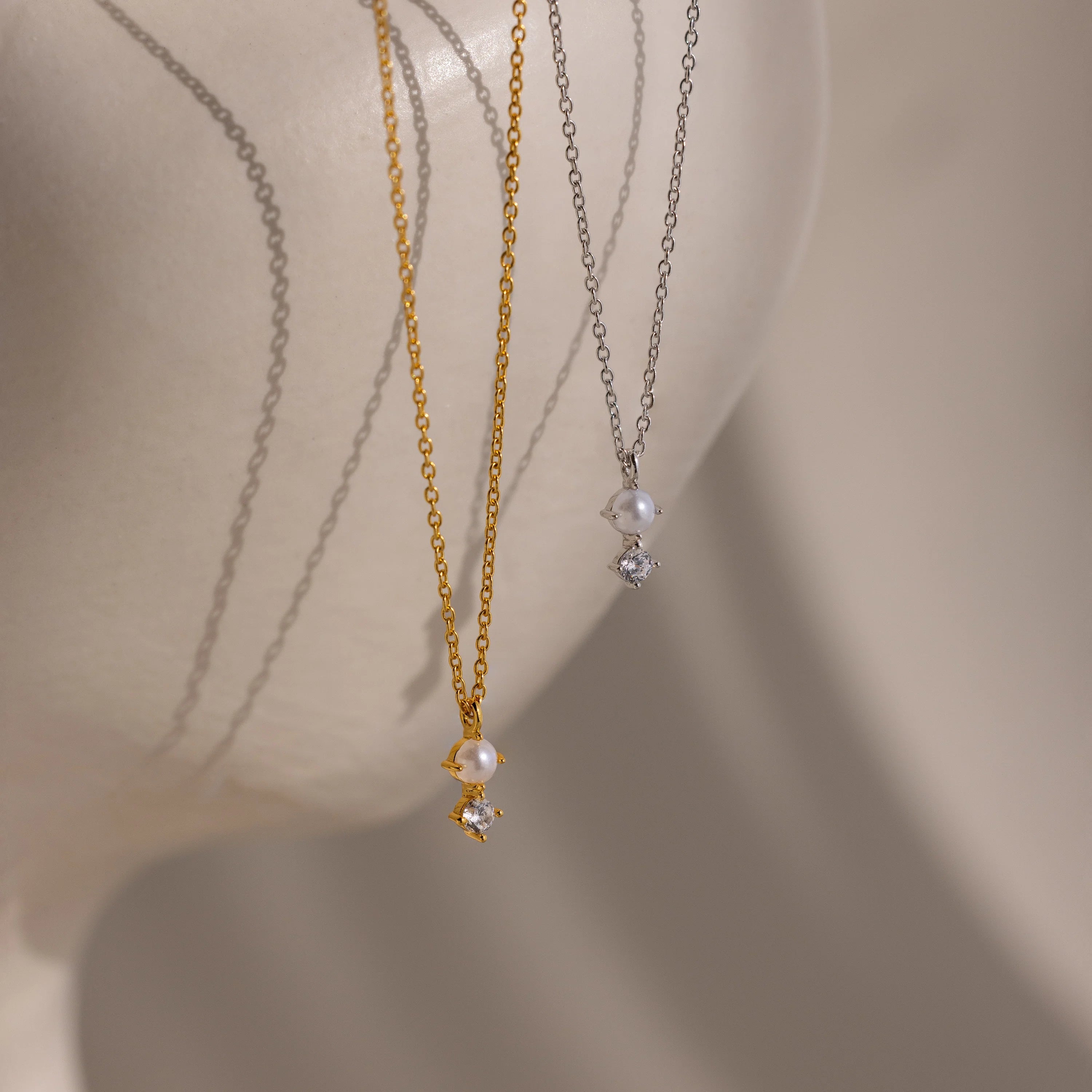 Pearl Diamond Drop Necklace Silver 18K Gold Plated