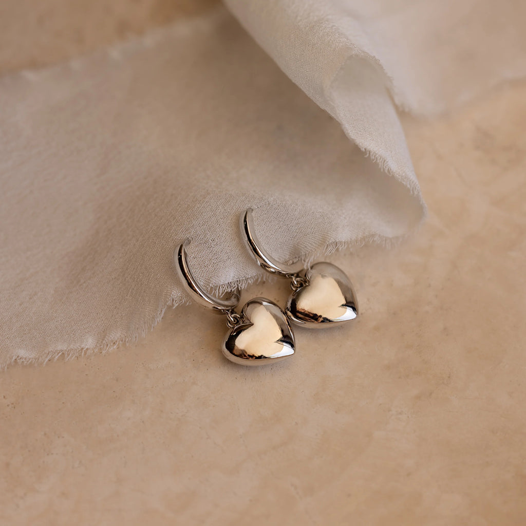 Puff Heart Charm Huggies Silver 18K Gold Plated
