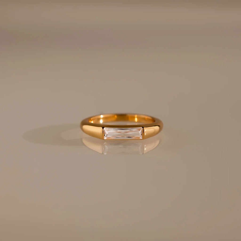 Baguette Cut Diamond Signet Ring Silver 18K Gold Plated