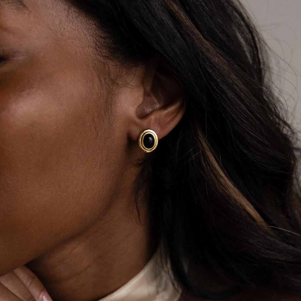 Vintage Oval Black Studs Silver 18K Gold Plated