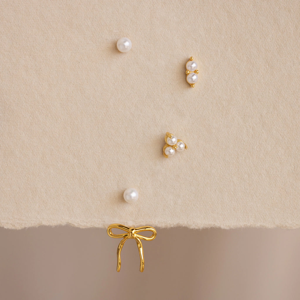 Pearl & Bow Ear Jackets Silver 18K Gold Plated