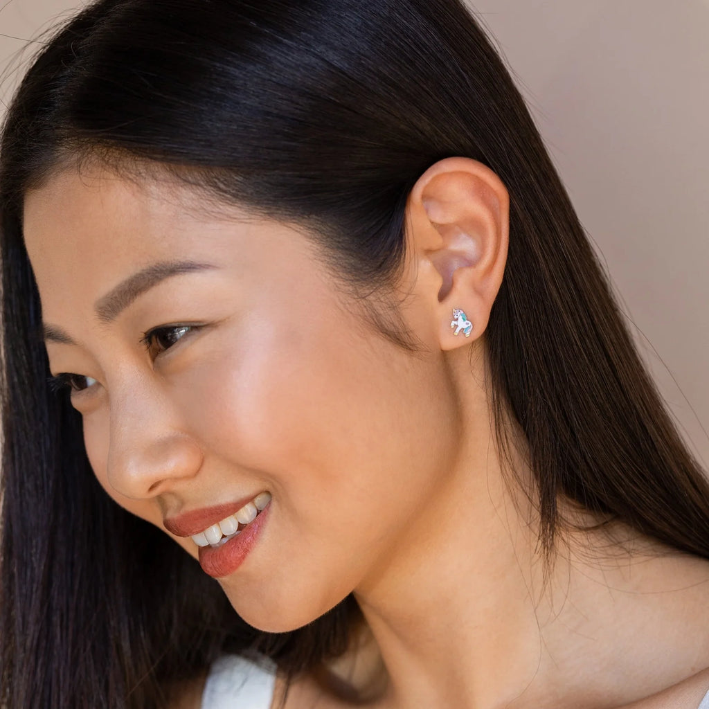 Unicorn Enamel Covered Studs Silver 18K Gold Plated