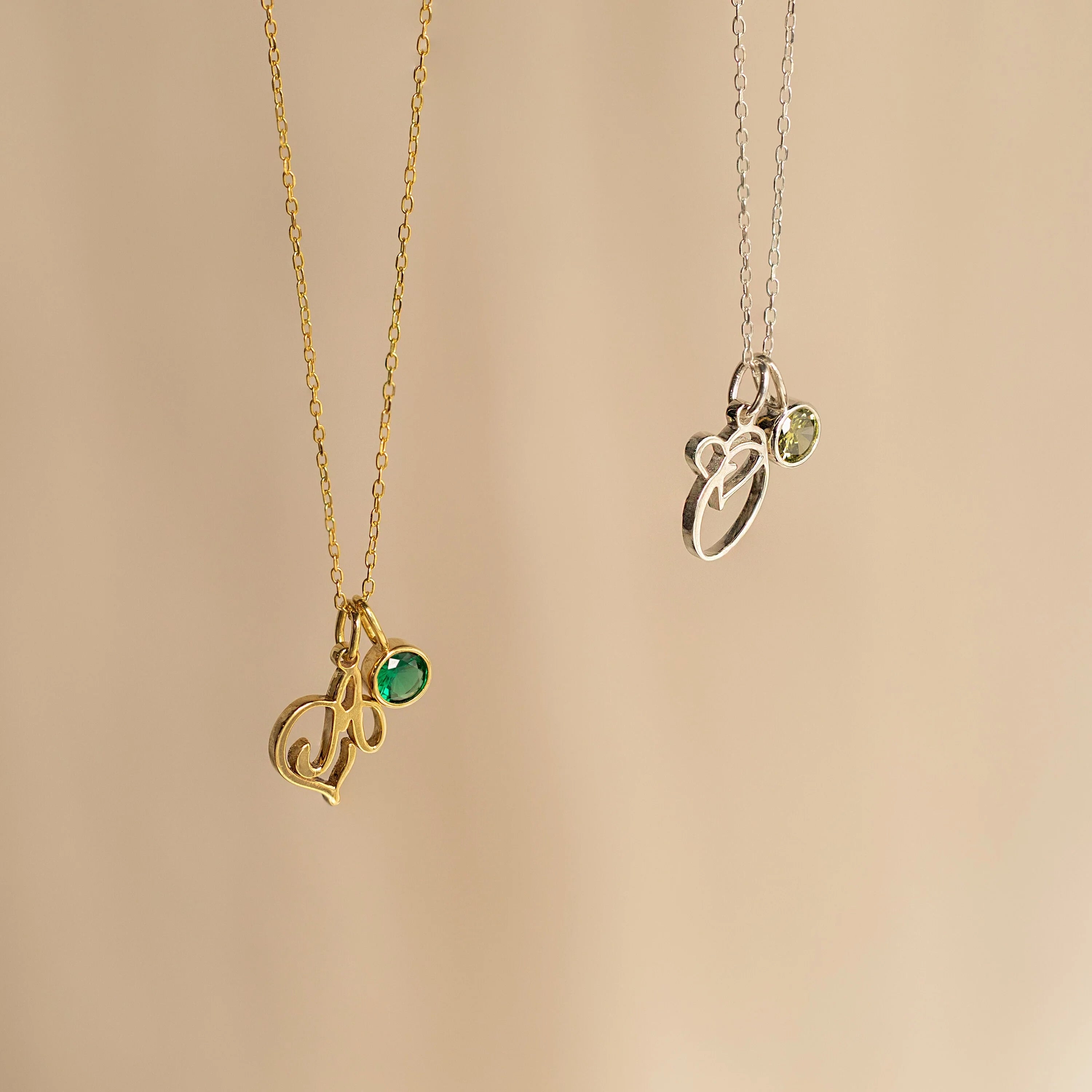 Initial Heart Birthstone Necklace Silver 18K Gold Plated