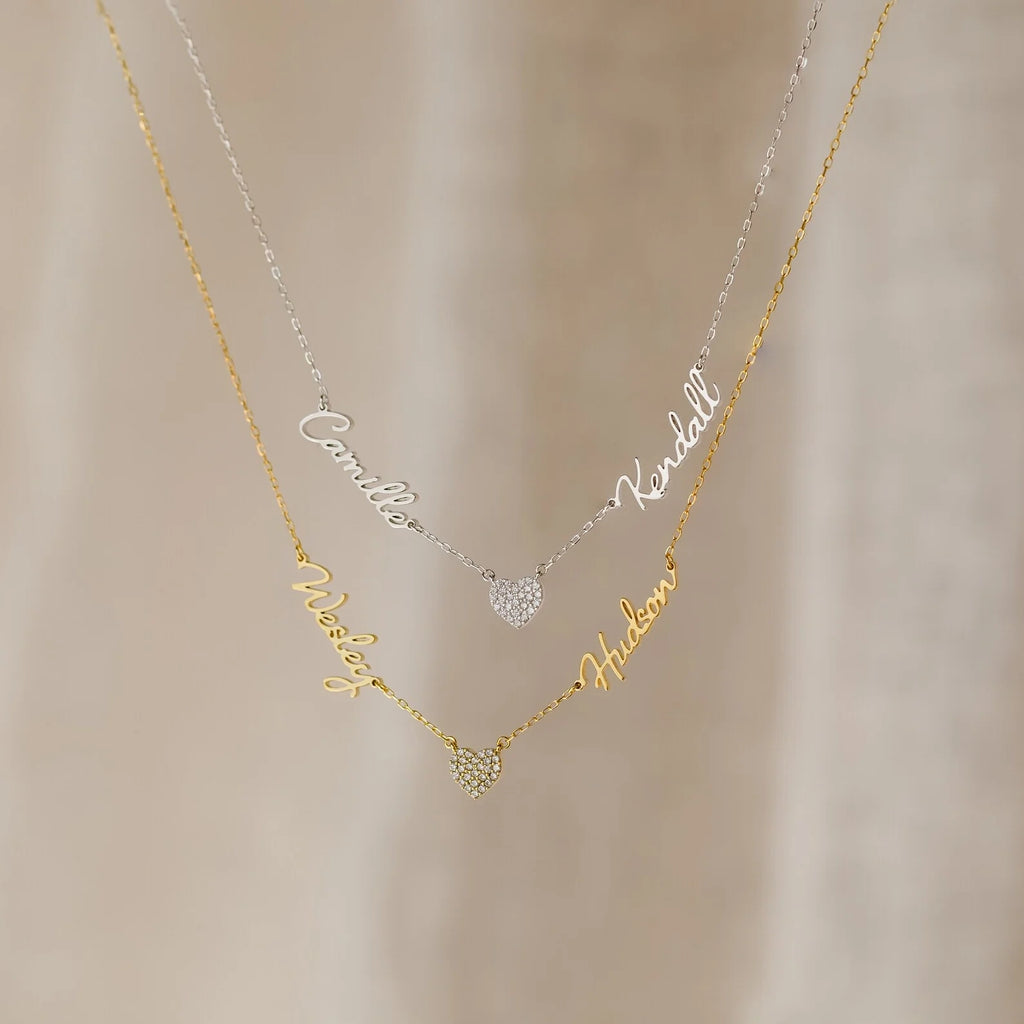 Pavé Heart Name Necklace Silver 18K Gold Plated