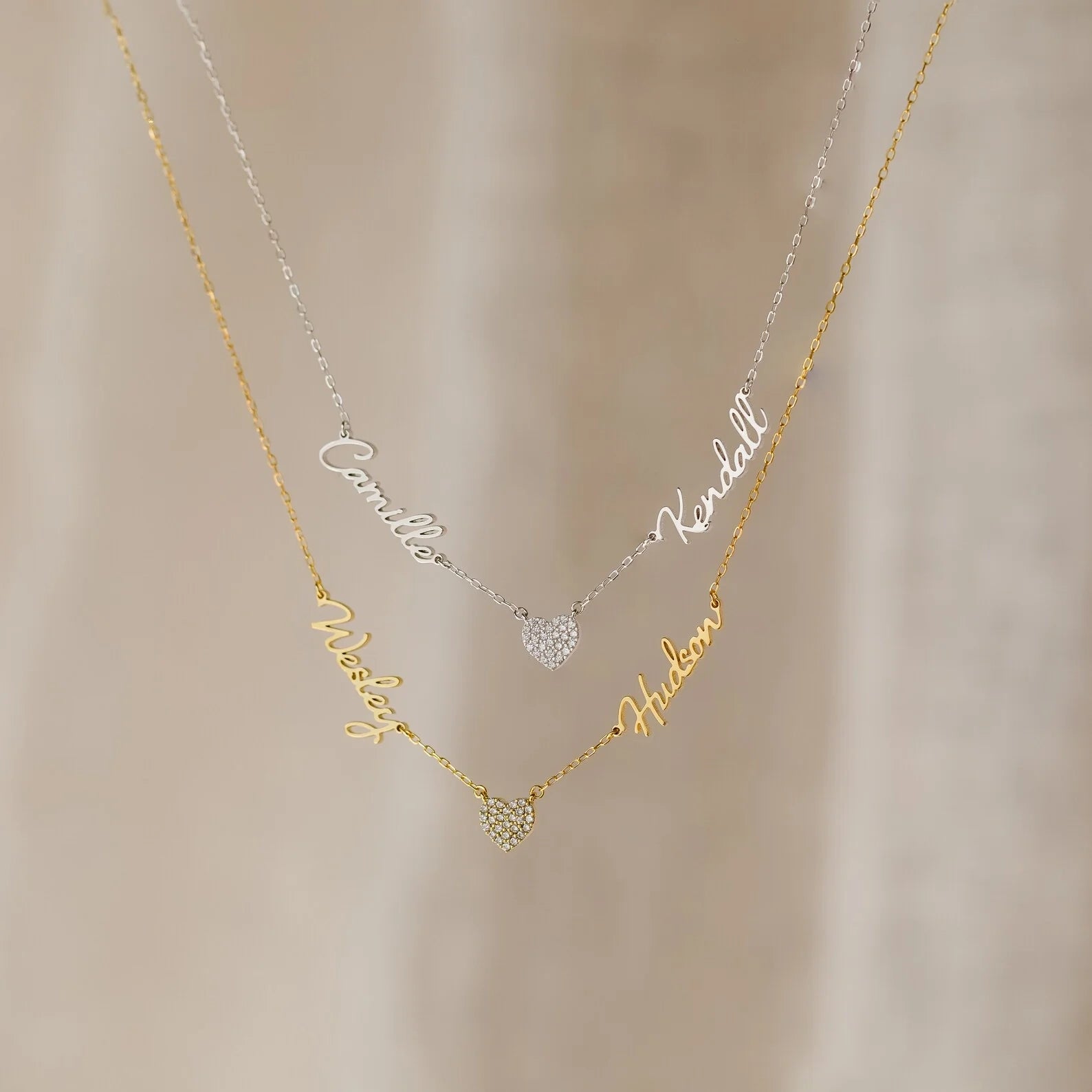 Pavé Heart Name Necklace Silver 18K Gold Plated