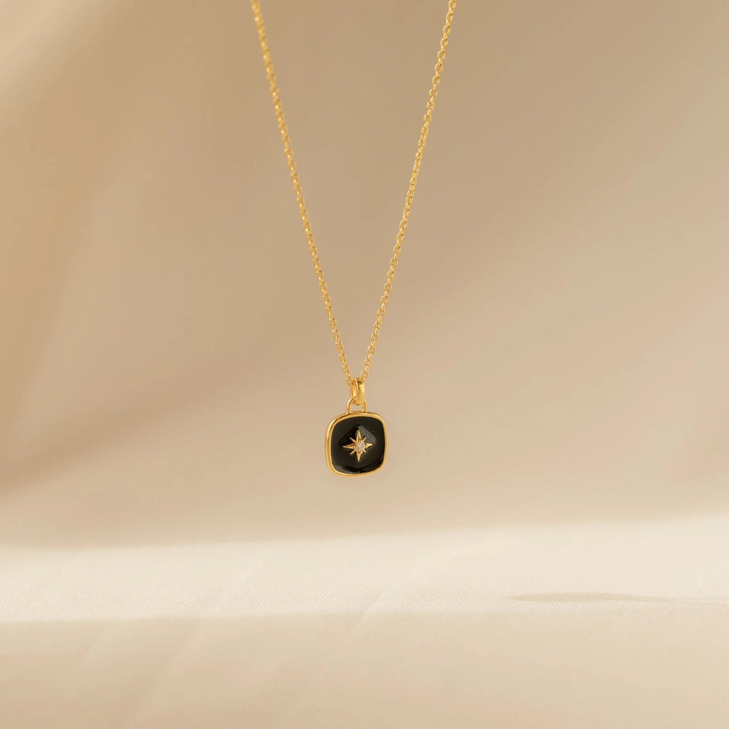Hermoine Black Enamel Pendant Necklace Silver 18K Gold Plated